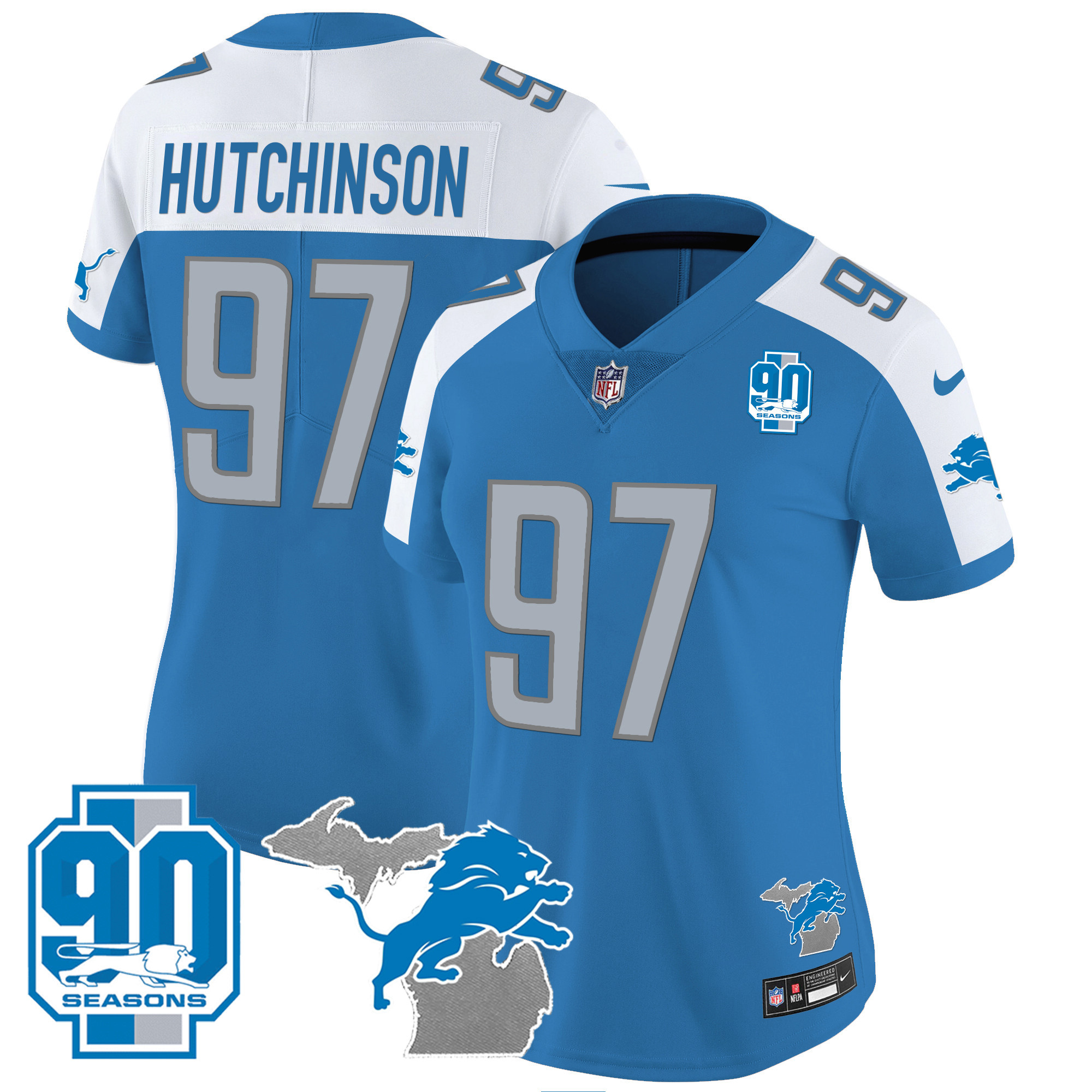 Hutchinson Women's Detroit Lions 90th Year & Michigan Patch Vapor Blue Alternate Jersey - All Stitched