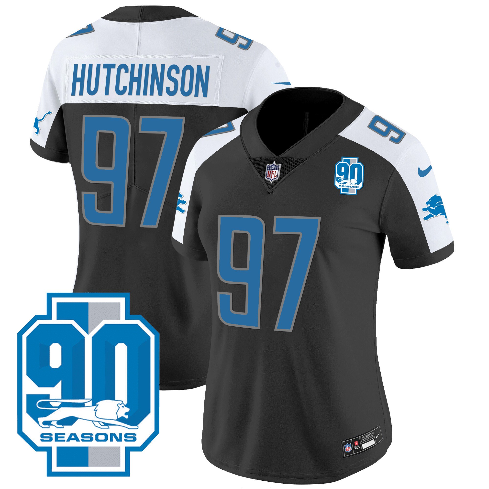 Hutchinson Women's Detroit Lions 90th Year Patch Black Alternate Jersey - All Stitched