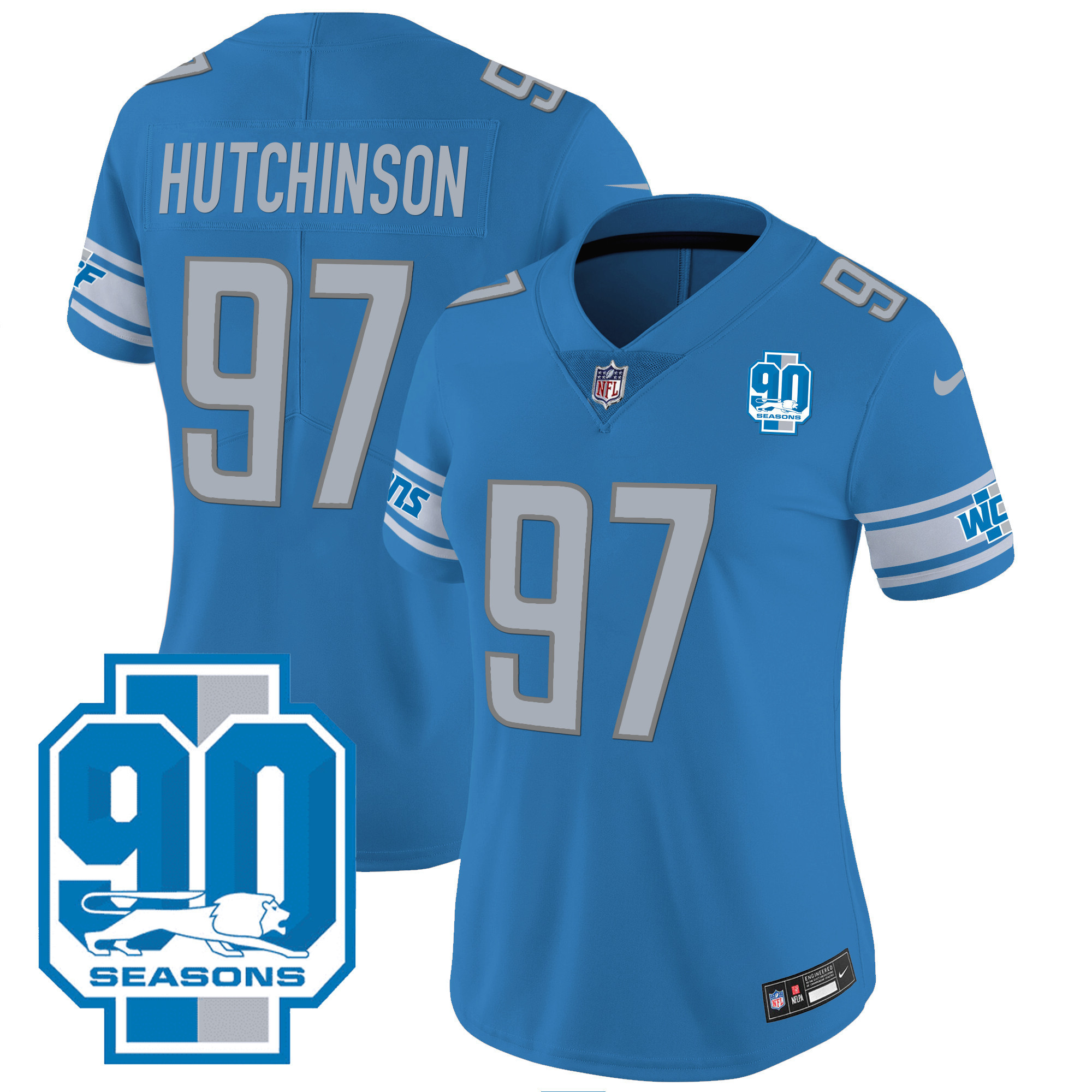 Hutchinson Women's Detroit Lions 90th Year Patch Blue Jersey - All Stitched