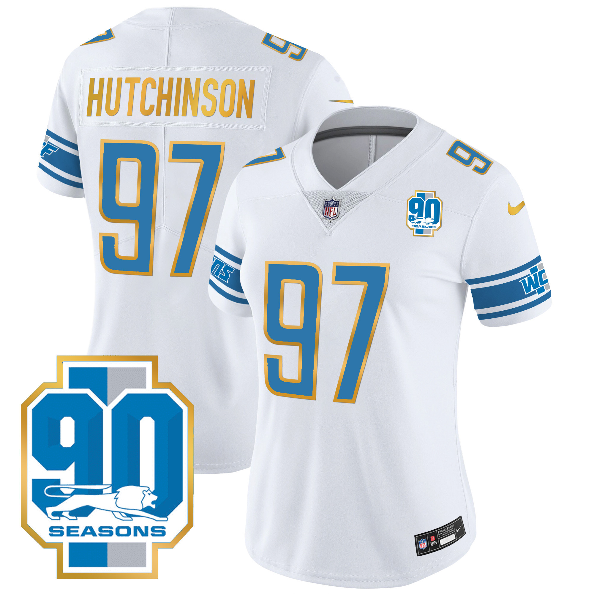 Hutchinson Women's Detroit Lions 90th Year Patch Gold Trim White Jersey - All Stitched