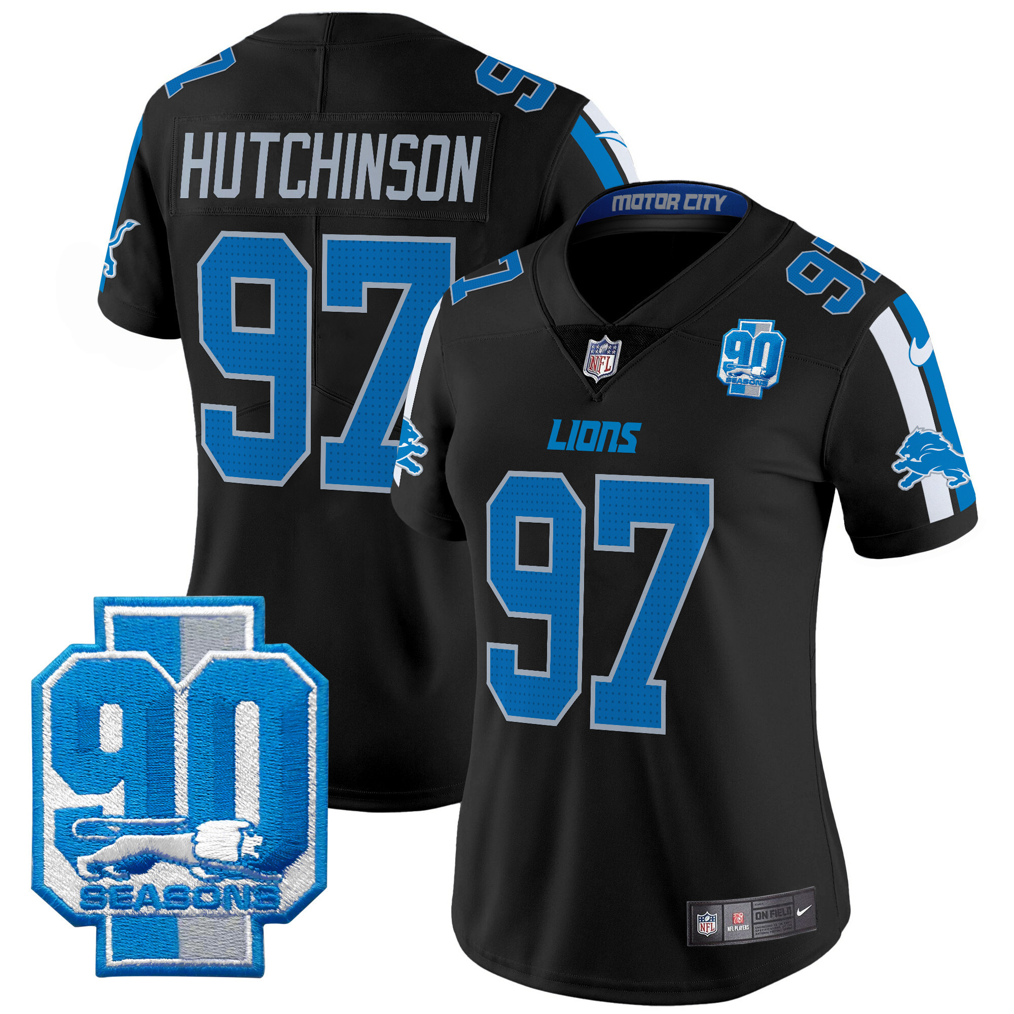 Hutchinson Women's Detroit Lions 90th Year Patch Vapor Limited Black Jersey - All Stitched