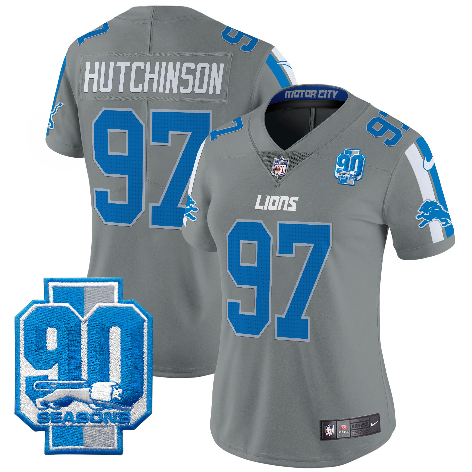 Hutchinson Women's Detroit Lions 90th Year Patch Vapor Limited Gray Jersey - All Stitched
