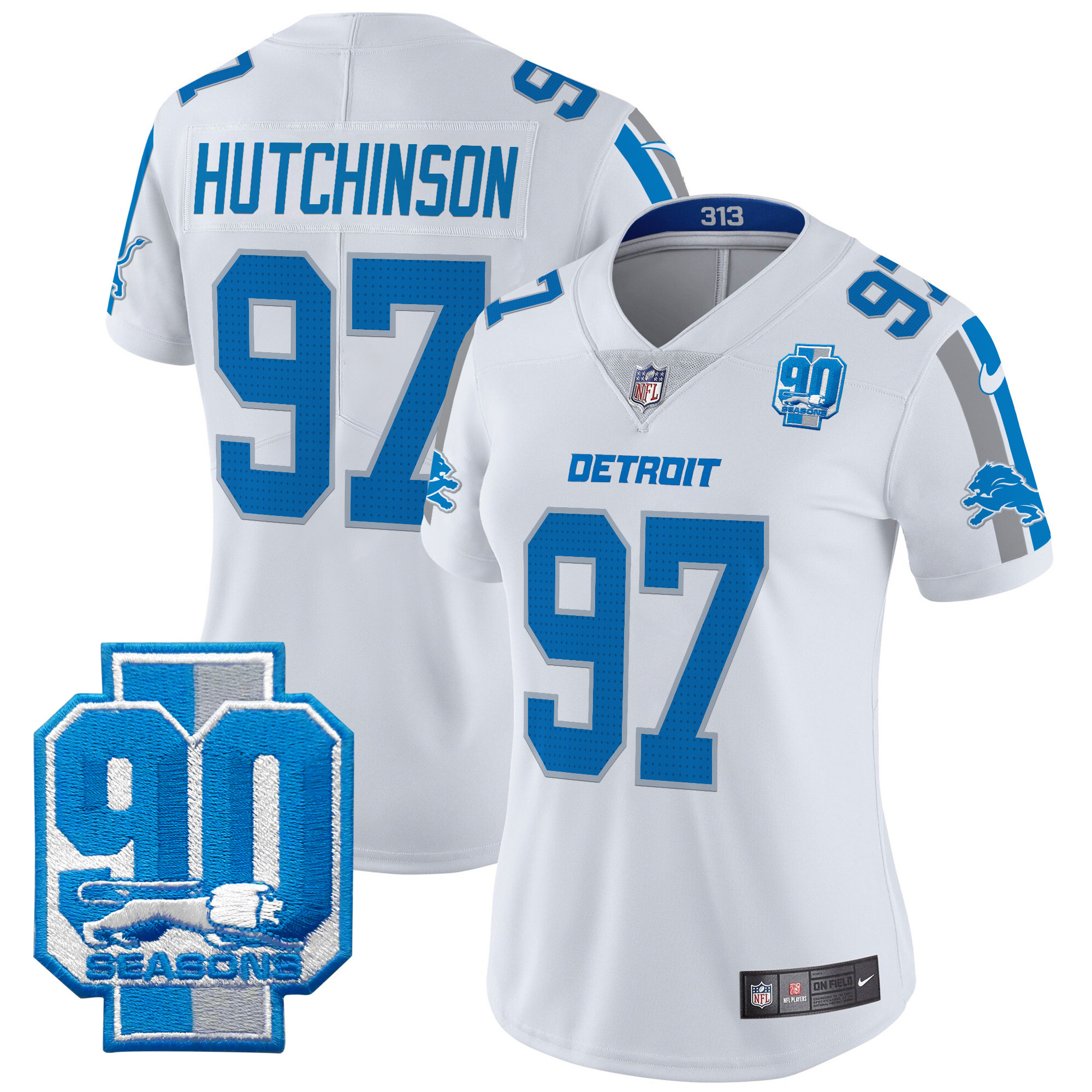 Hutchinson Women's Detroit Lions 90th Year Patch Vapor Limited White Jersey - All Stitched