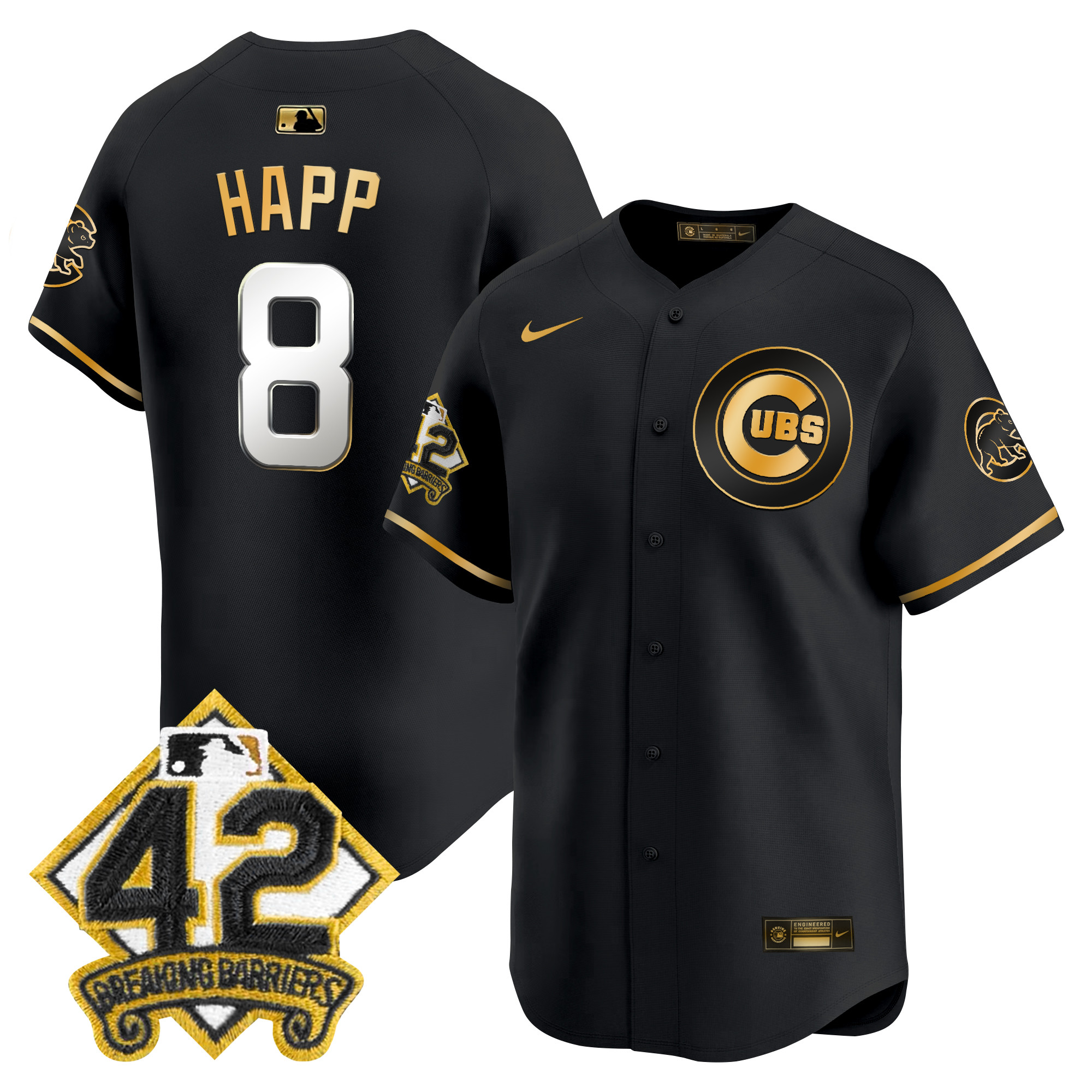Ian Happ Men's Chicago Cubs 2025 Jackie Robinson Patch Vapor Premier Limited Black Gold Jersey - All Stitched