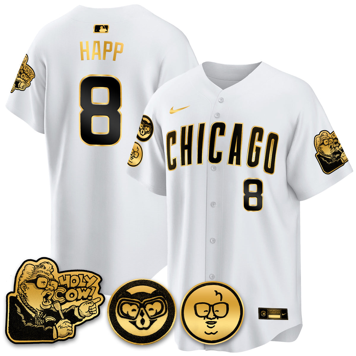 Ian Happ Men's Chicago Cubs Harry Caray Holy Cow Patch Premier Limited White Gold Jersey - All Stitched