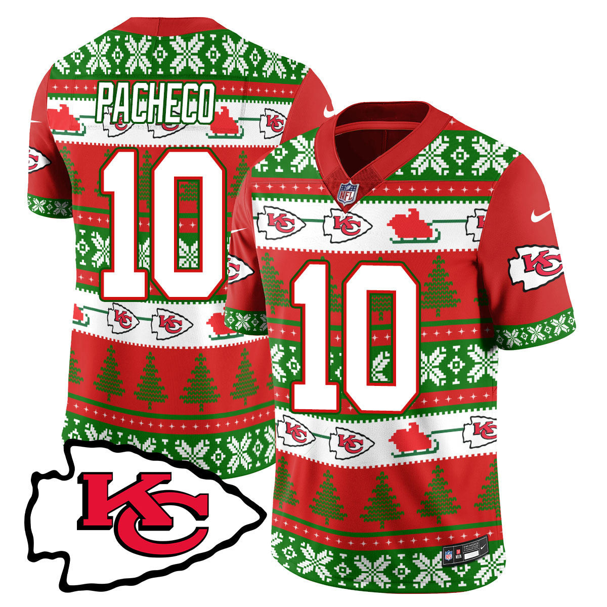 Isiah Pacheco Men's Kansas City Chiefs 2024 Christmas Vapor Limited Jersey - Printed Red Green Jersey - All Stitched