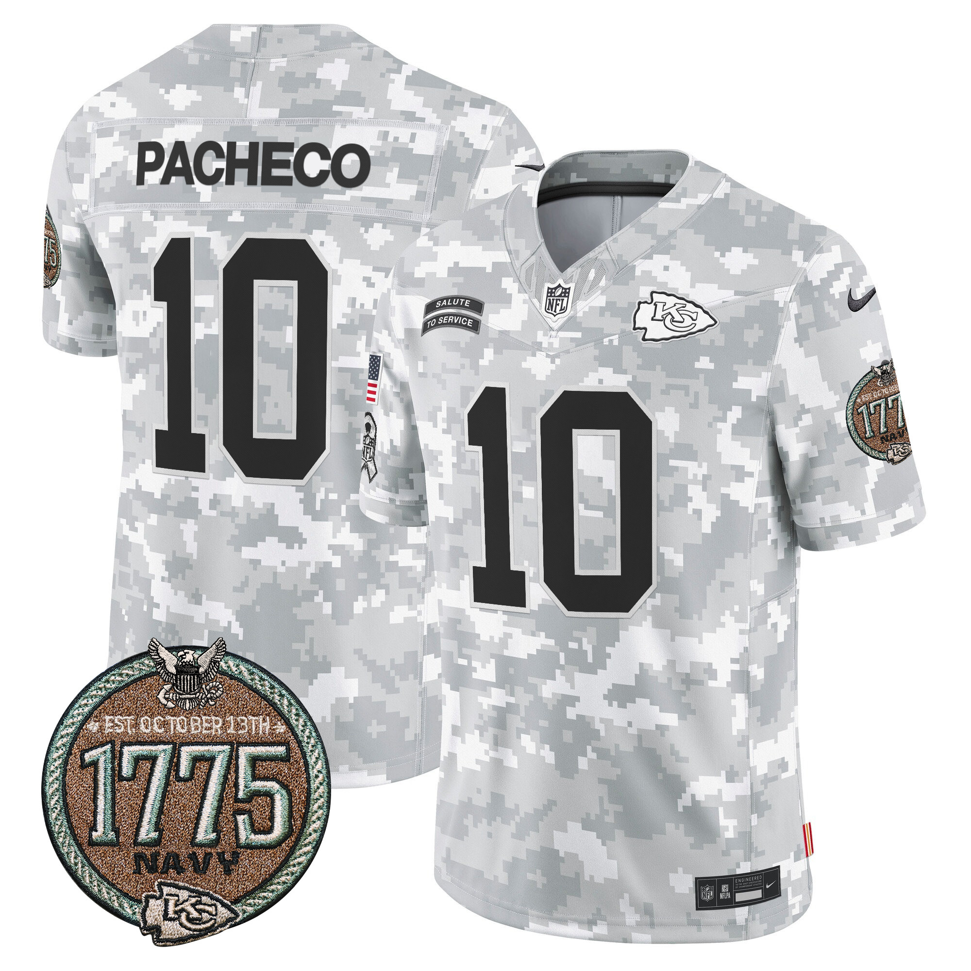 Isiah Pacheco Men's Kansas City Chiefs 2024 Salute to Service Establishment Year Patch Vapor Limited Navy Jersey - All Stitched