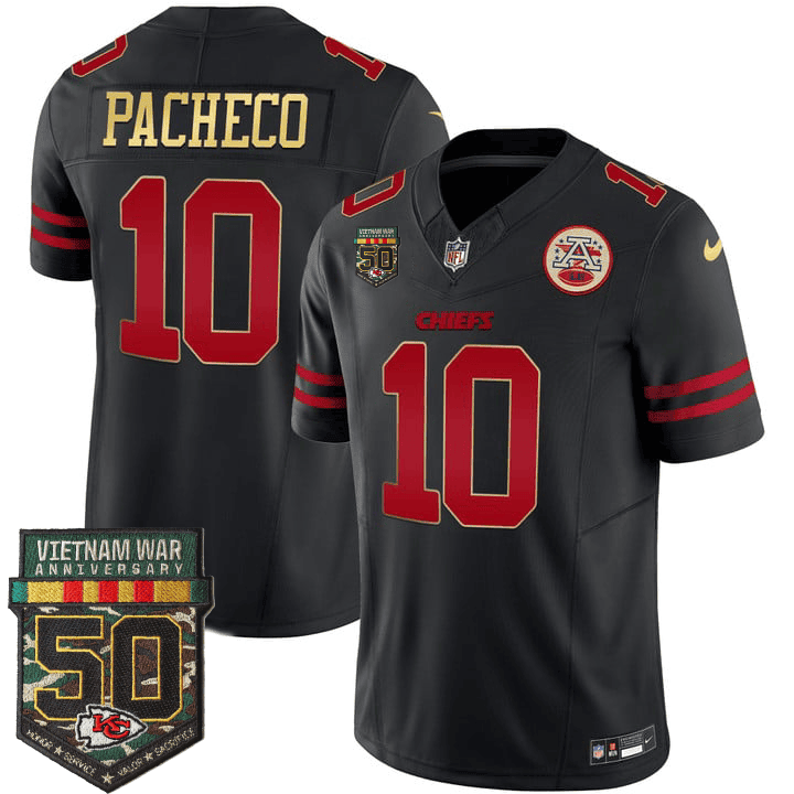 Isiah Pacheco Men's Kansas City Chiefs 50th Vietnam War Anniversary Patch Vapor Limited Gold Trim Jersey - All Stitched