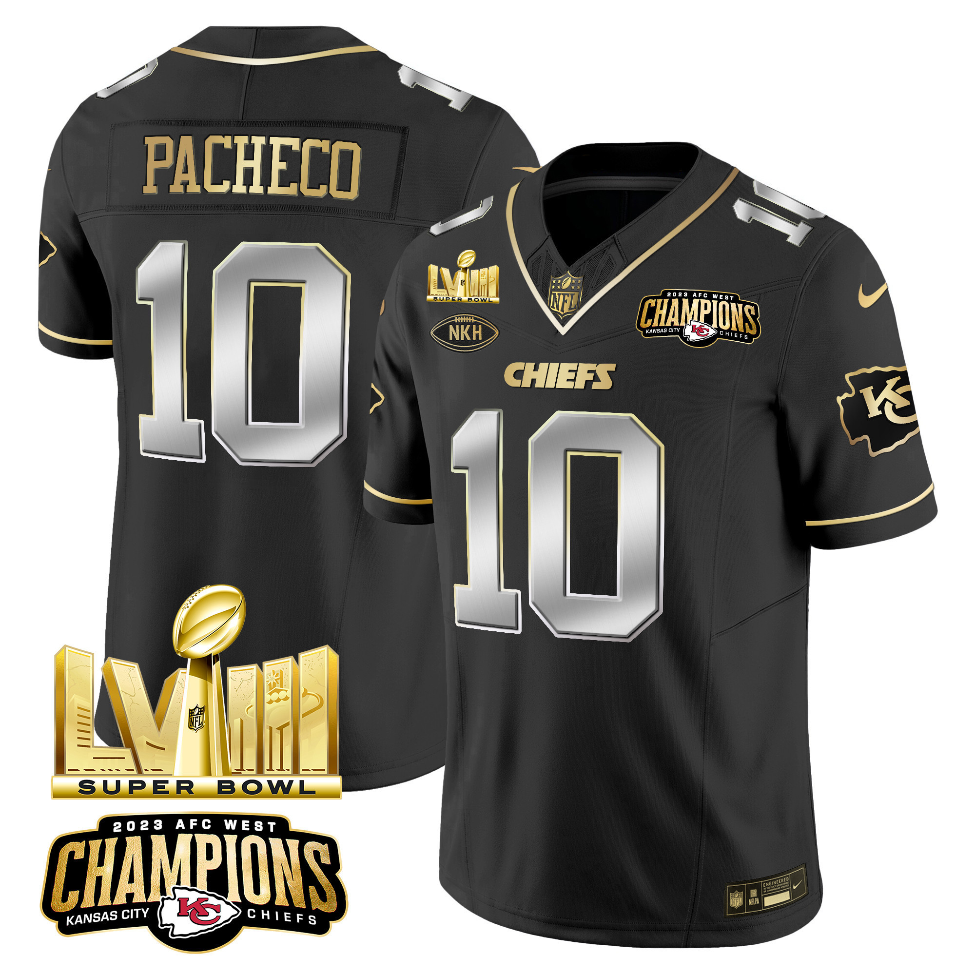 Isiah Pacheco Men's Kansas City Chiefs AFC West Champions & Super Bowl LVIII Gold Patch Vapor Black Limited Jersey - All Stitched