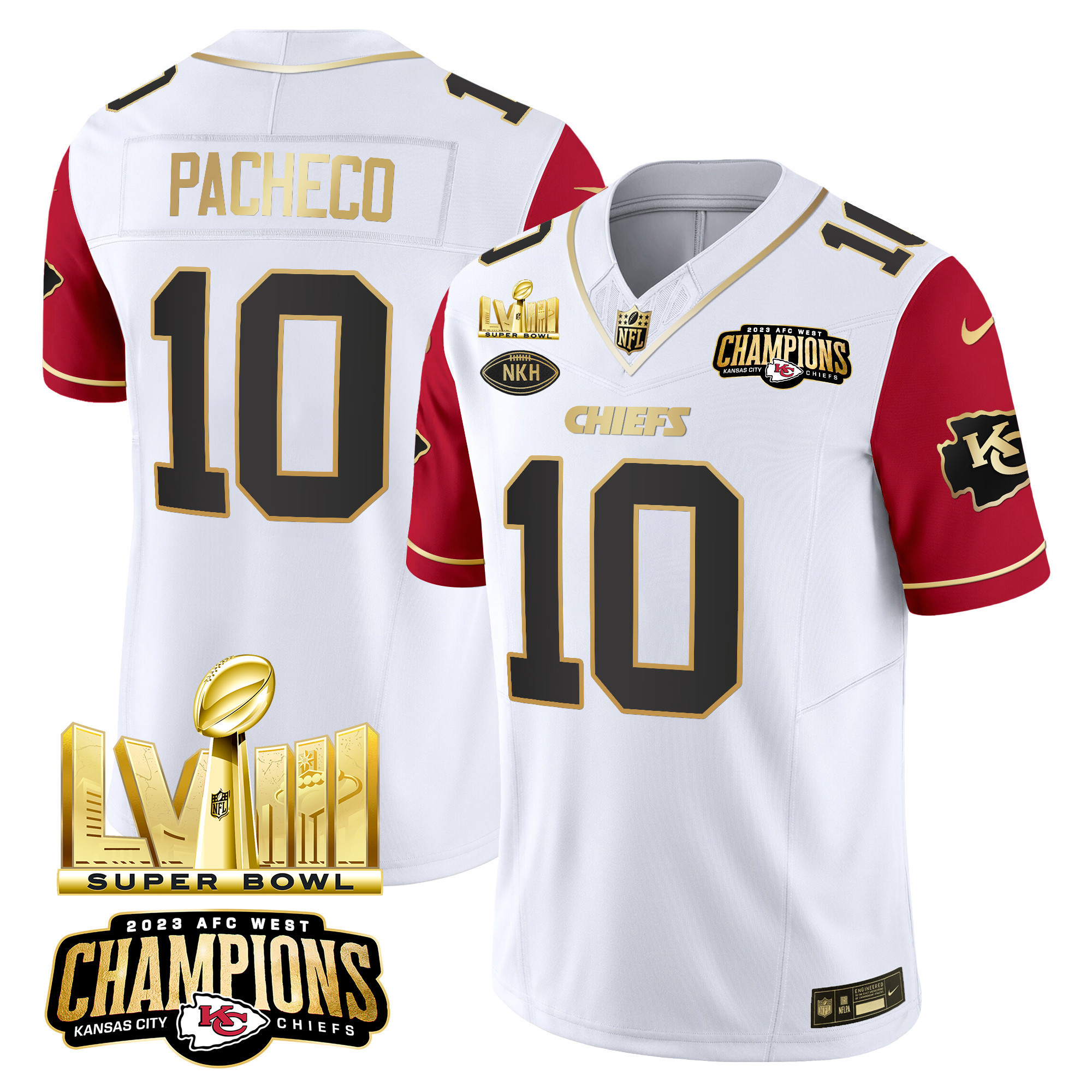 Isiah Pacheco Men's Kansas City Chiefs AFC West Champions & Super Bowl LVIII Gold Patch Vapor Color Sleeves Jersey - All Stitched