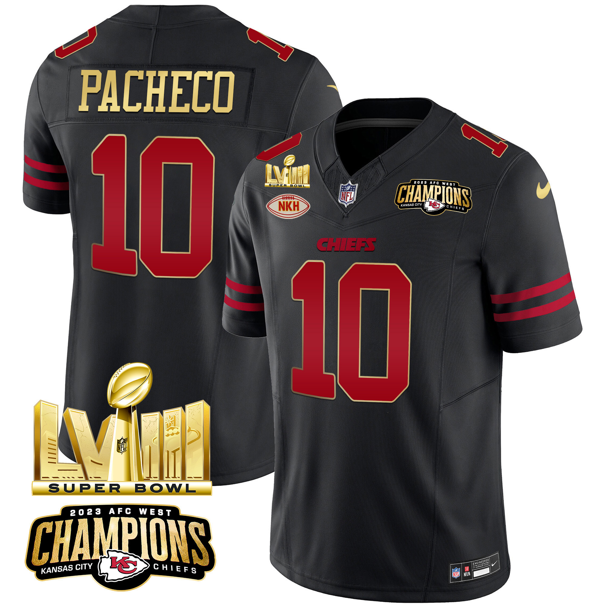 Isiah Pacheco Men's Kansas City Chiefs AFC West Champions & Super Bowl LVIII Gold Patch Vapor Gold Trim Jersey - All Stitched