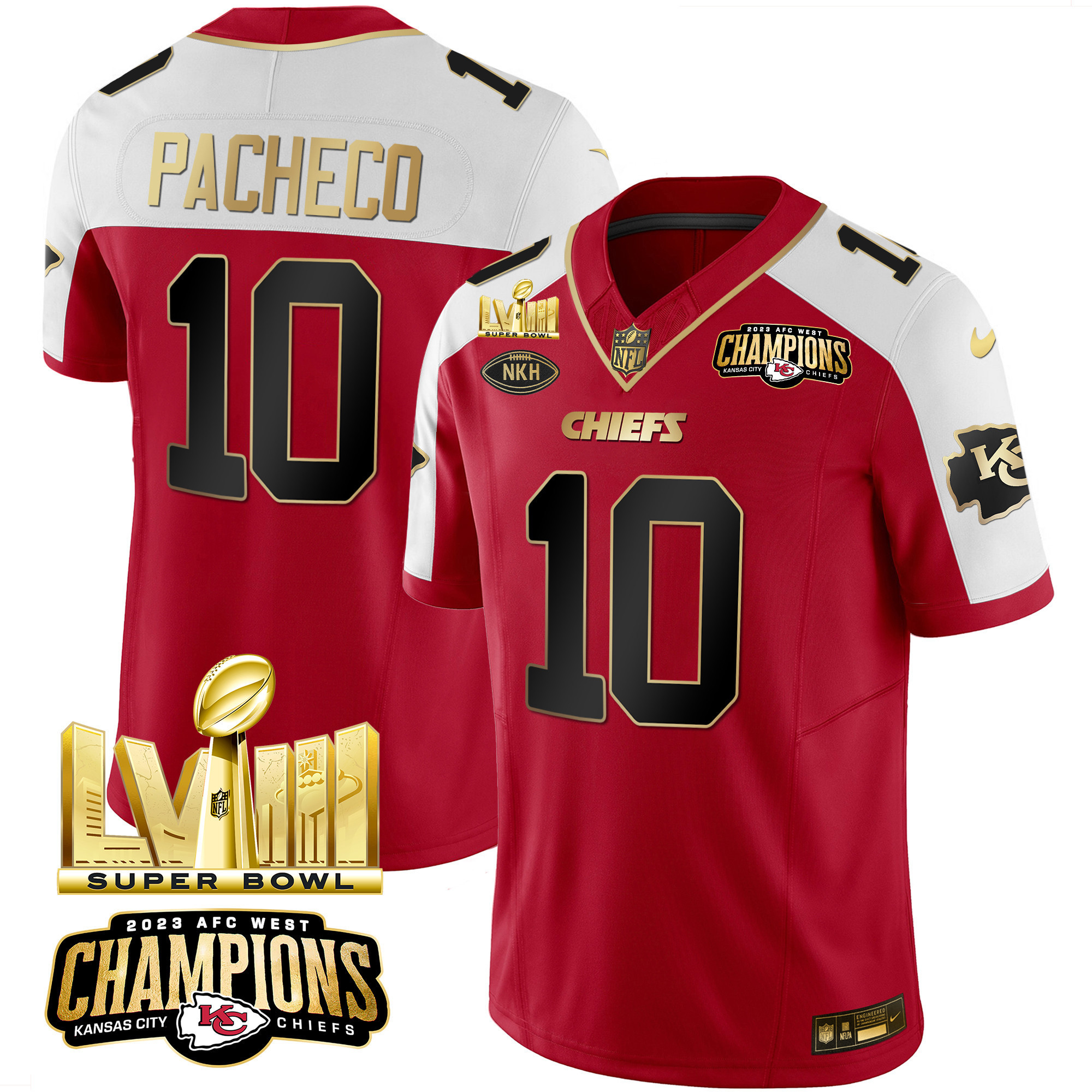 Isiah Pacheco Men's Kansas City Chiefs AFC West Champions & Super Bowl LVIII Gold Patch Vapor Red Alternate Jersey - All Stitched