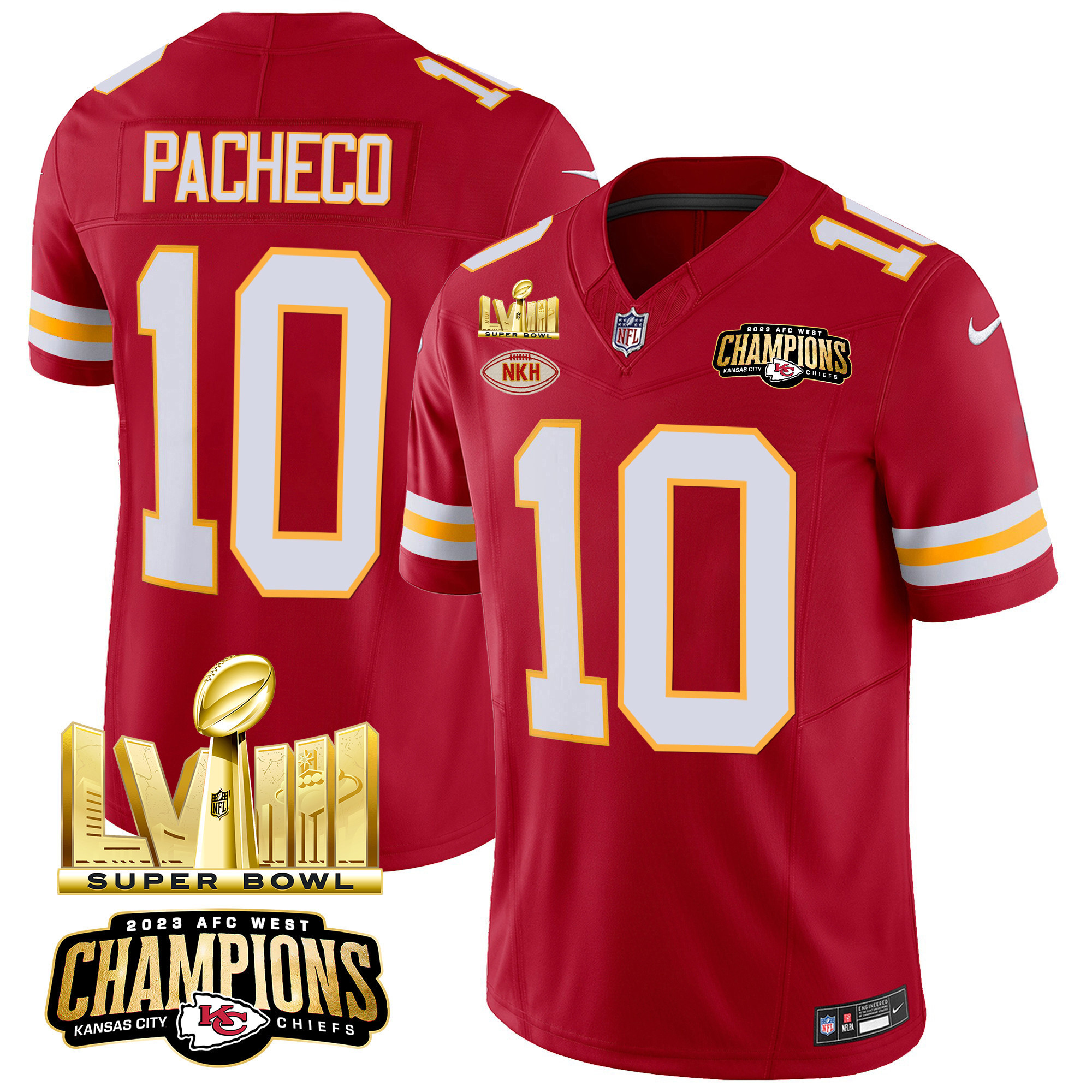 Isiah Pacheco Men's Kansas City Chiefs AFC West Champions & Super Bowl LVIII Gold Patch Vapor Red Jersey - All Stitched