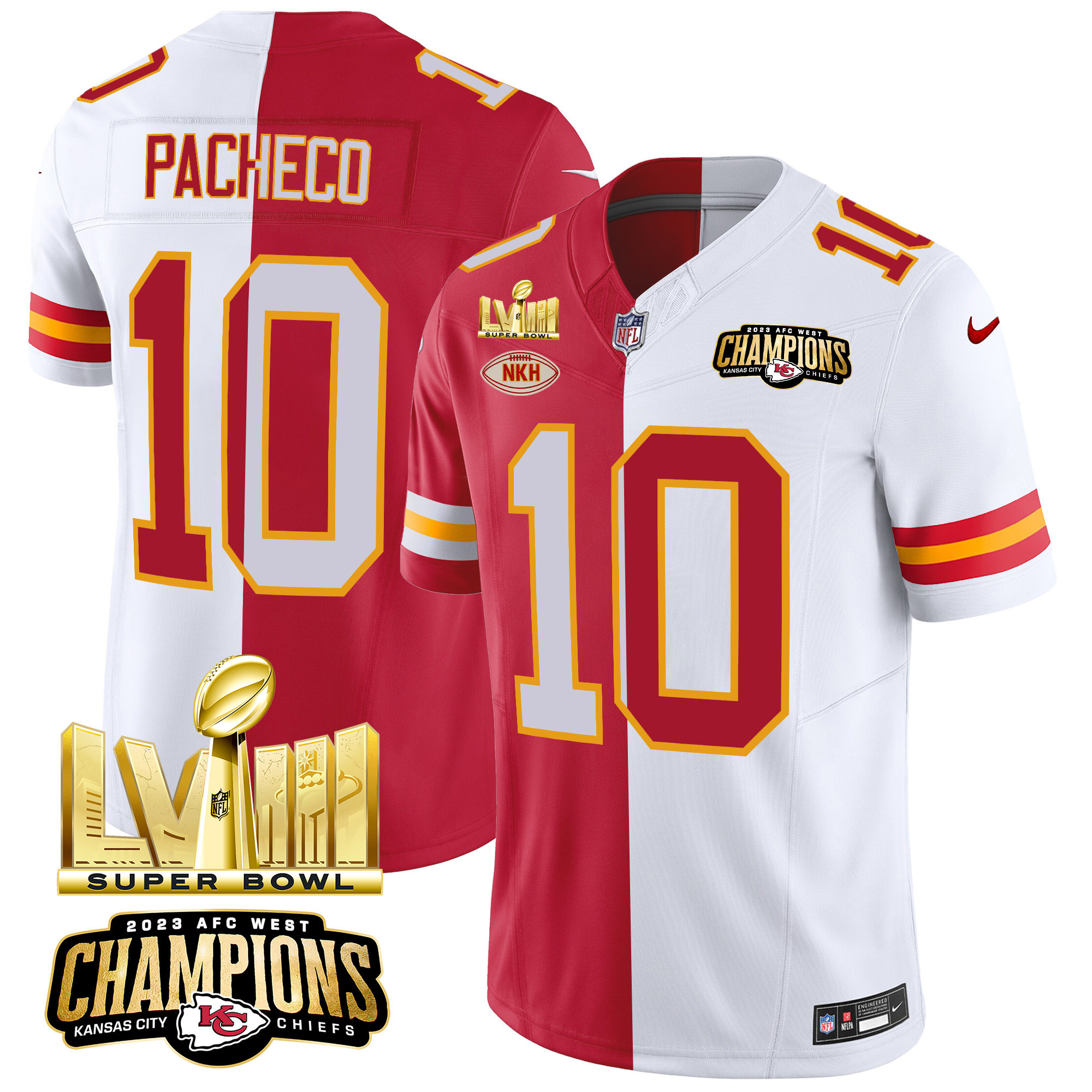 Isiah Pacheco Men's Kansas City Chiefs AFC West Champions & Super Bowl LVIII Gold Patch Vapor Split Jersey - All Stitched