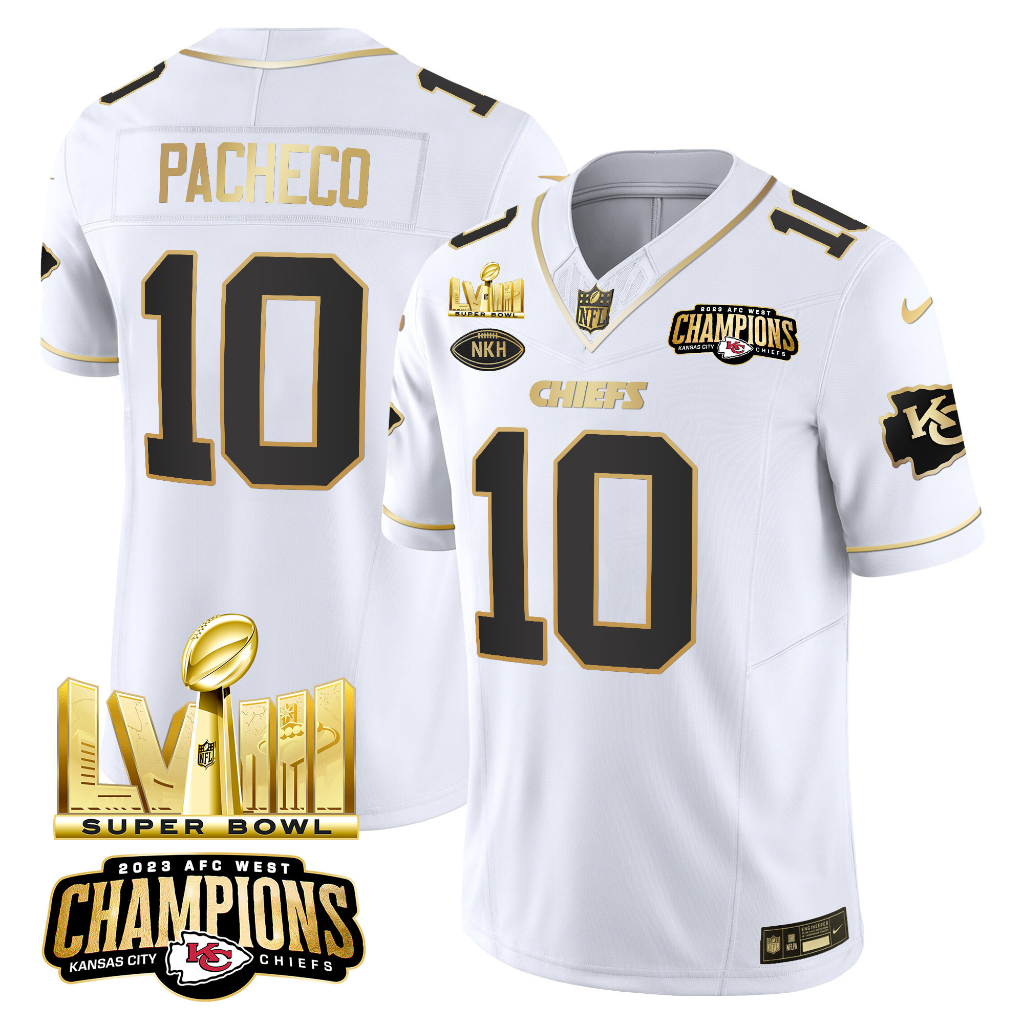 Isiah Pacheco Men's Kansas City Chiefs AFC West Champions & Super Bowl LVIII Gold Patch Vapor White Gold Jersey - All Stitched
