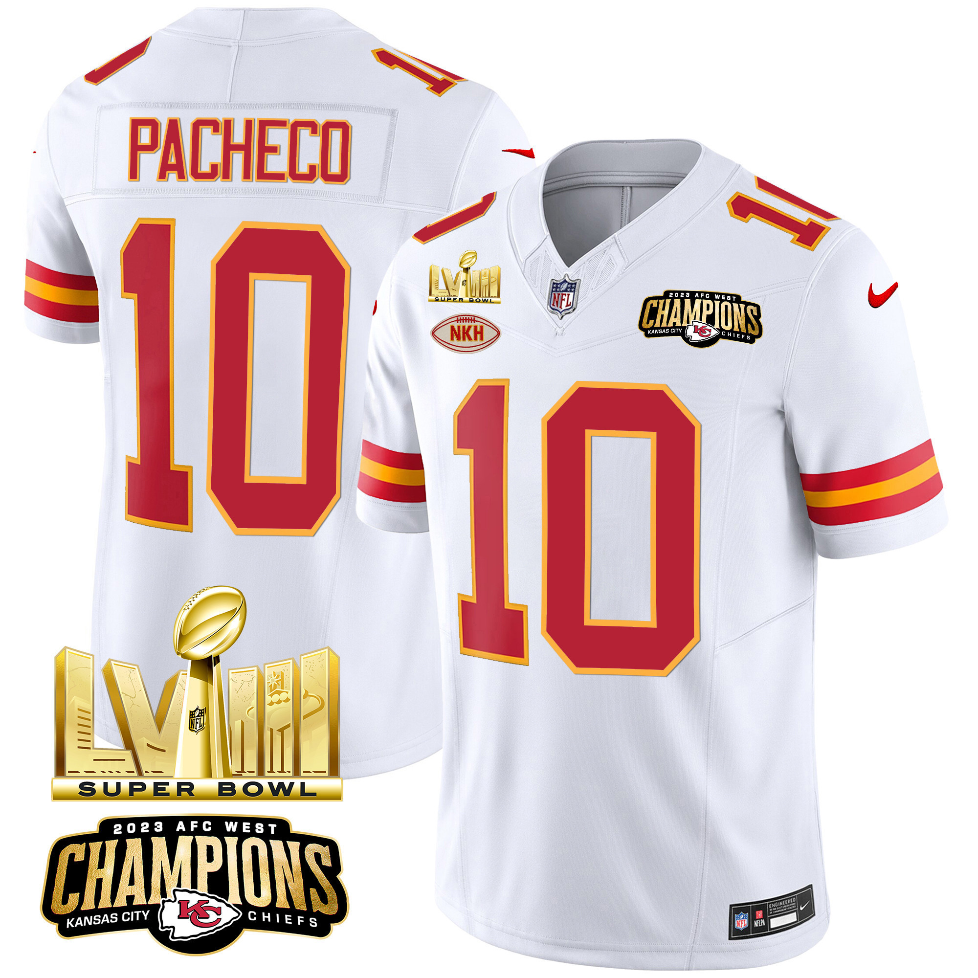 Isiah Pacheco Men's Kansas City Chiefs AFC West Champions & Super Bowl LVIII Gold Patch Vapor White Jersey - All Stitched