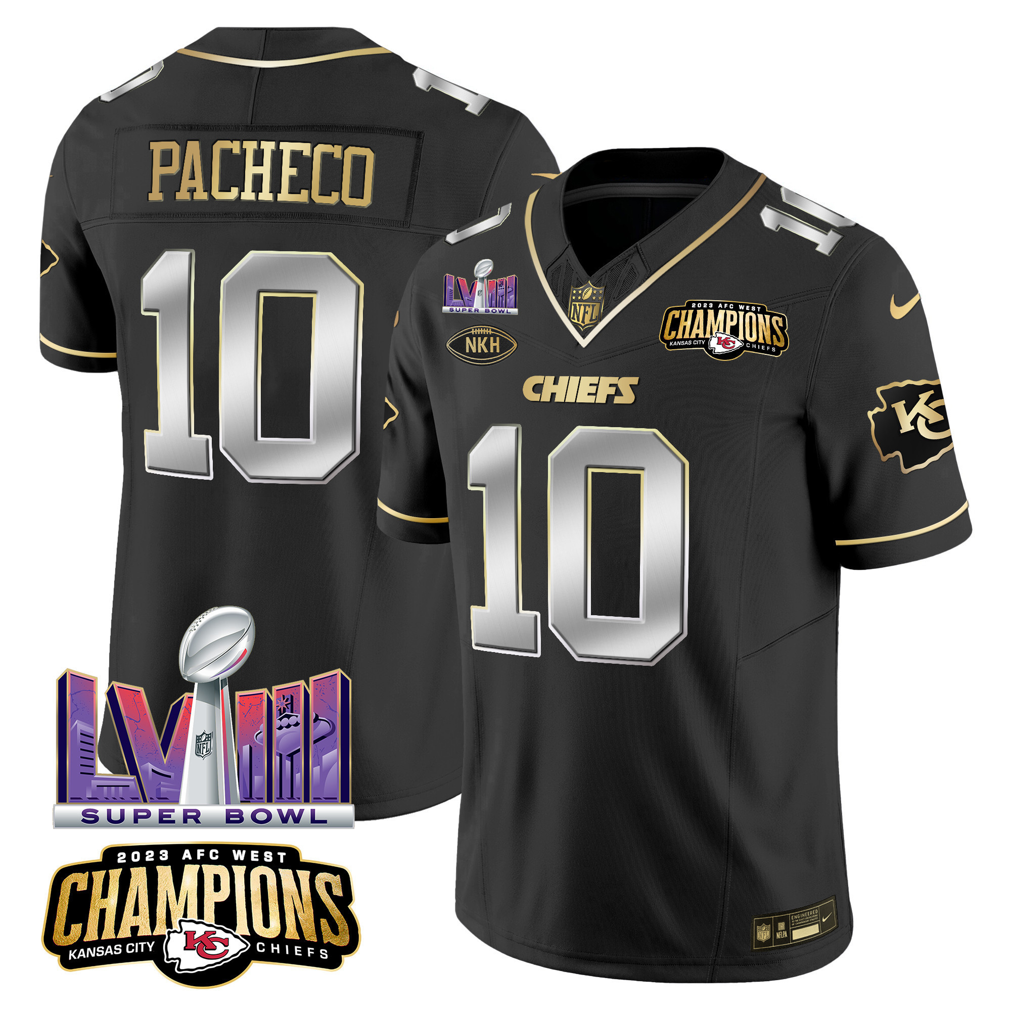 Isiah Pacheco Men's Kansas City Chiefs AFC West Champions & Super Bowl LVIII Patch Vapor Black Limited Jersey - All Stitched