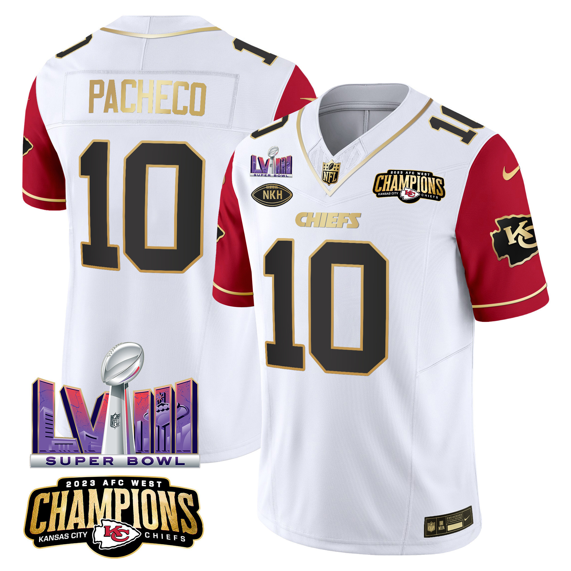 Isiah Pacheco Men's Kansas City Chiefs AFC West Champions & Super Bowl LVIII Patch Vapor Color Sleeves Jersey - All Stitched
