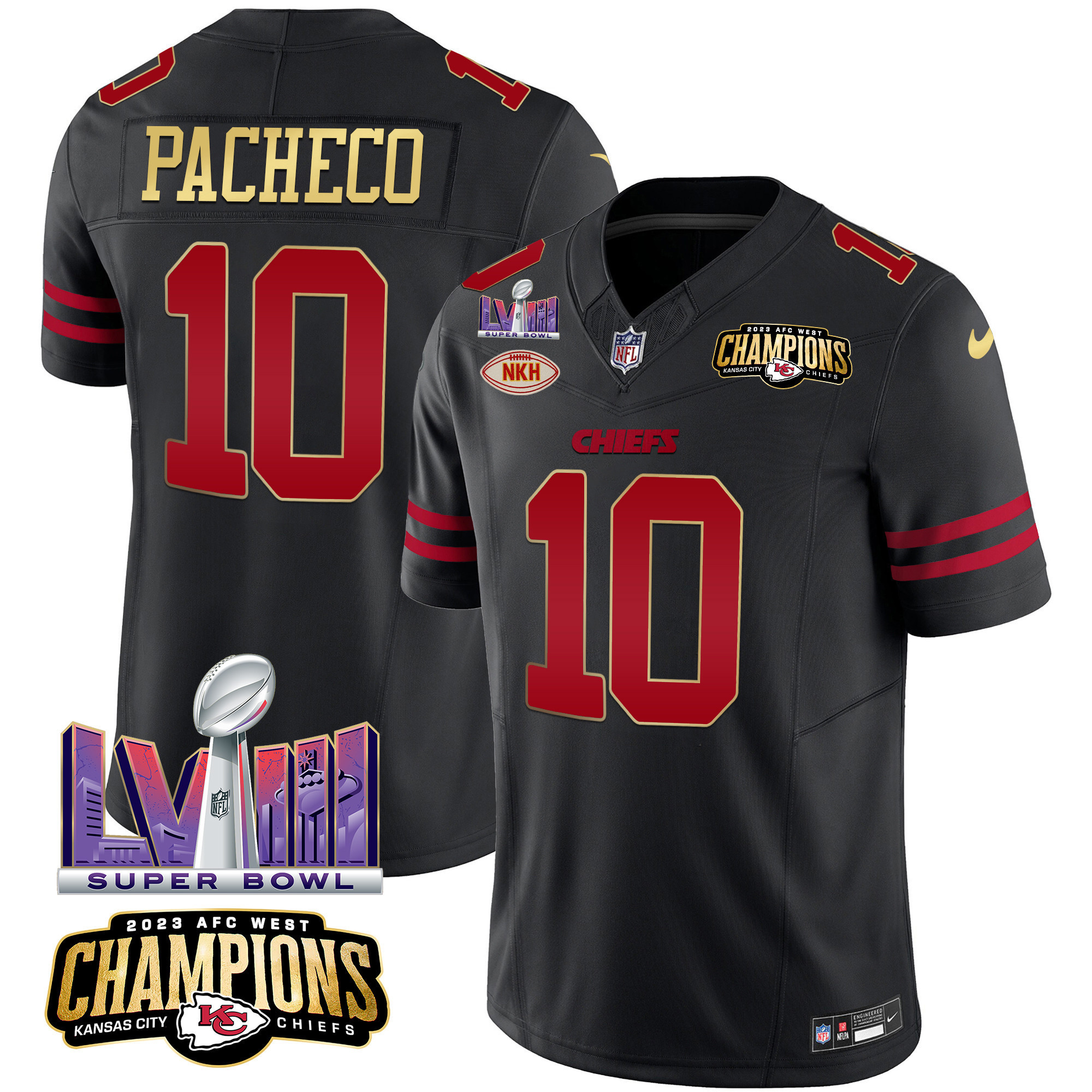 Isiah Pacheco Men's Kansas City Chiefs AFC West Champions & Super Bowl LVIII Patch Vapor Gold Trim Jersey - All Stitched