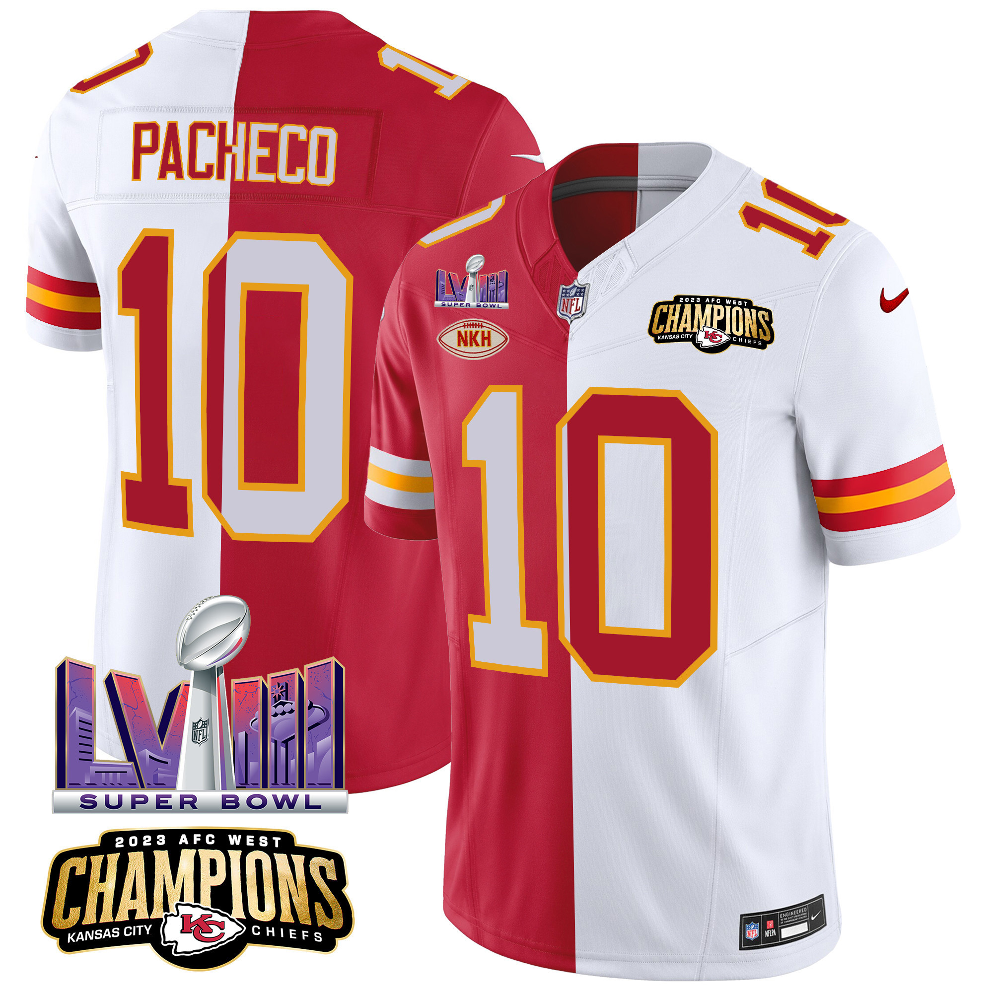 Isiah Pacheco Men's Kansas City Chiefs AFC West Champions & Super Bowl LVIII Patch Vapor Split Jersey - All Stitched