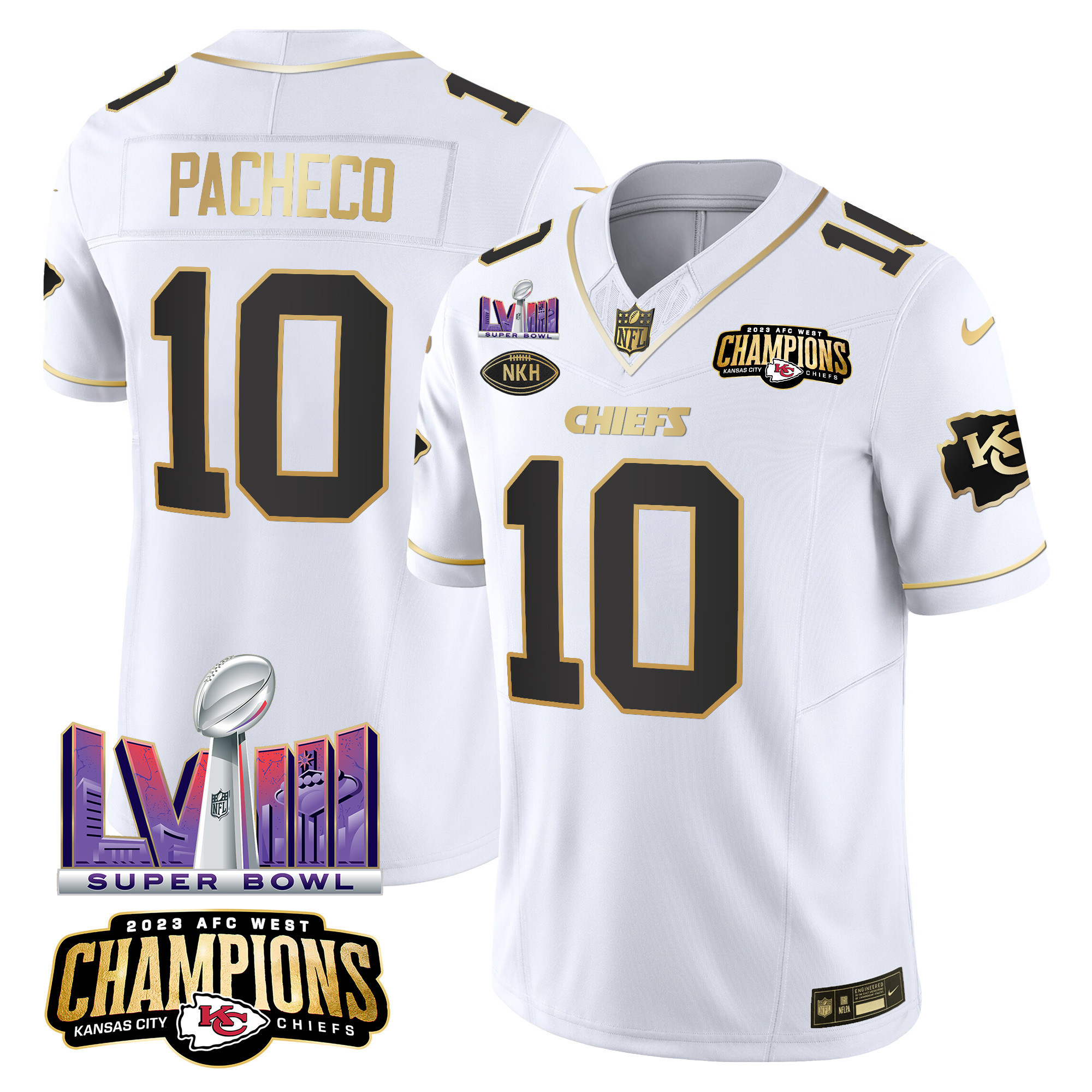 Isiah Pacheco Men's Kansas City Chiefs AFC West Champions & Super Bowl LVIII Patch Vapor White Gold Jersey - All Stitched