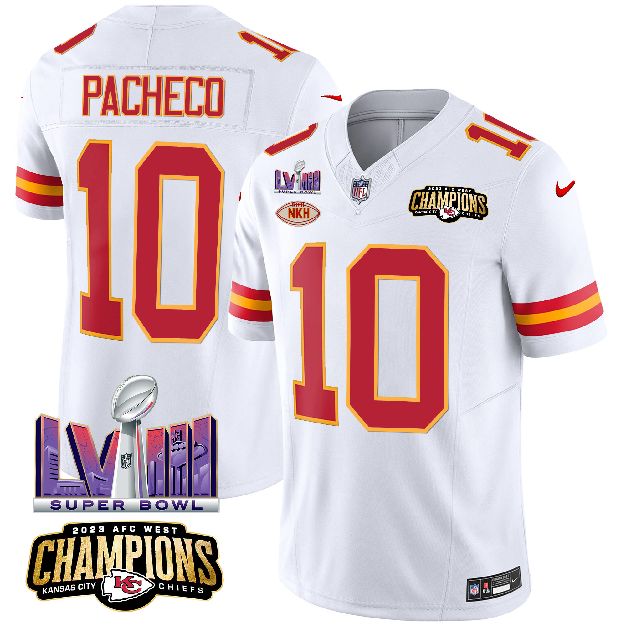 Isiah Pacheco Men's Kansas City Chiefs AFC West Champions & Super Bowl LVIII Patch Vapor White Jersey - All Stitched