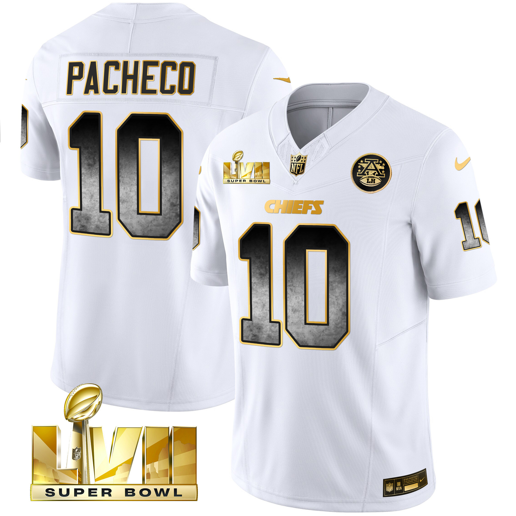 Isiah Pacheco Men's Kansas City Chiefs Gold Arch Smoke Vapor White Gold Jersey - All Stitched