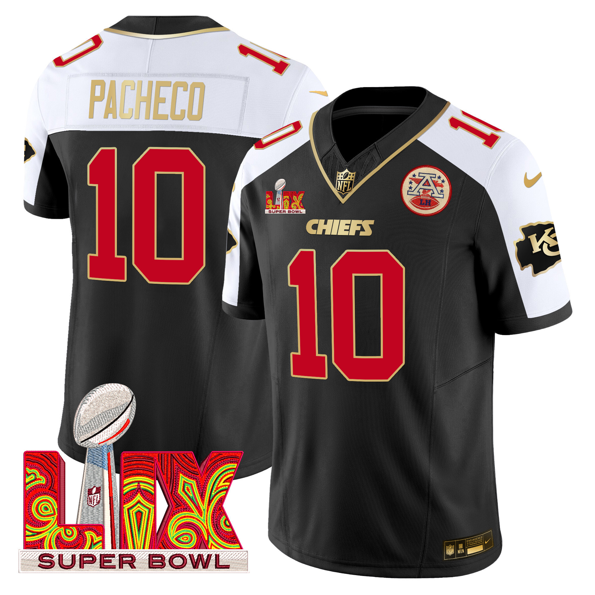 Isiah Pacheco Men's Kansas City Chiefs Super Bowl LIX Patch Gold Trim Vapor Limited Black Alternate Jersey - All Stitched
