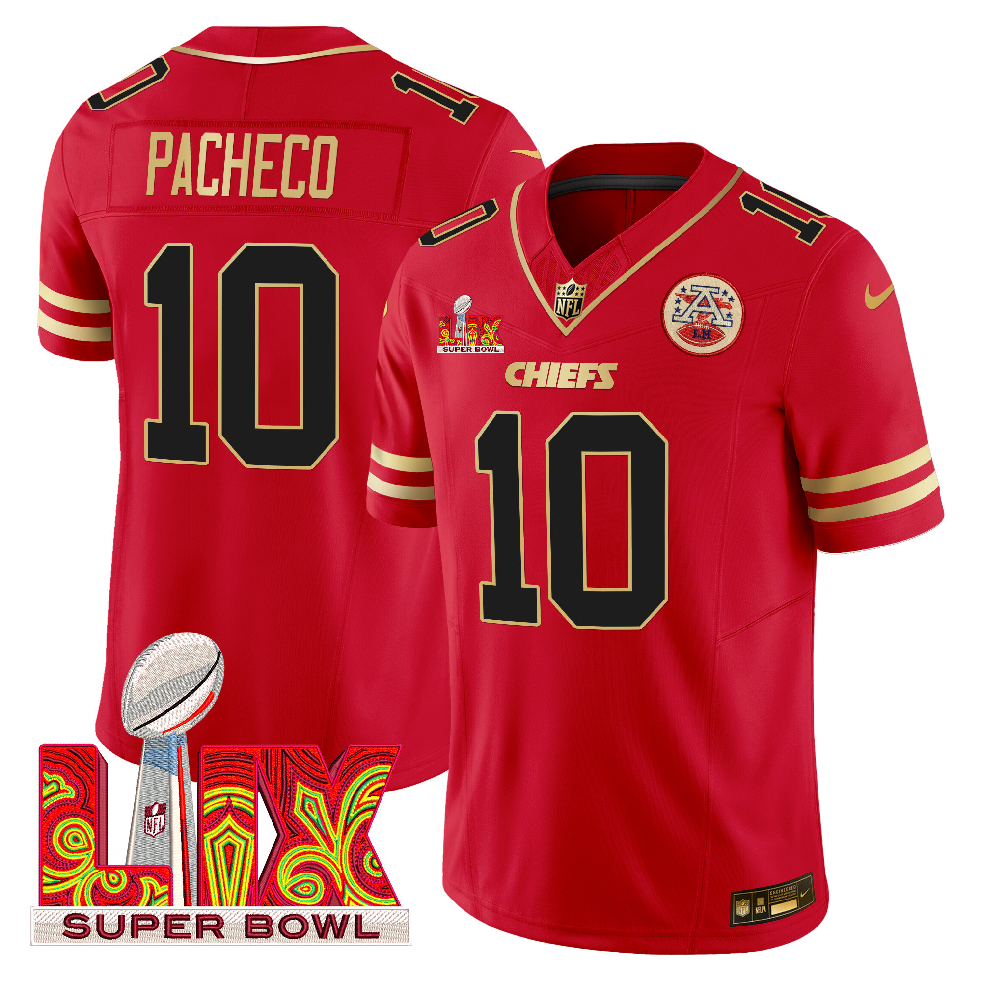 Isiah Pacheco Men's Kansas City Chiefs Super Bowl LIX Patch Gold Trim Vapor Limited Red Jersey - All Stitched