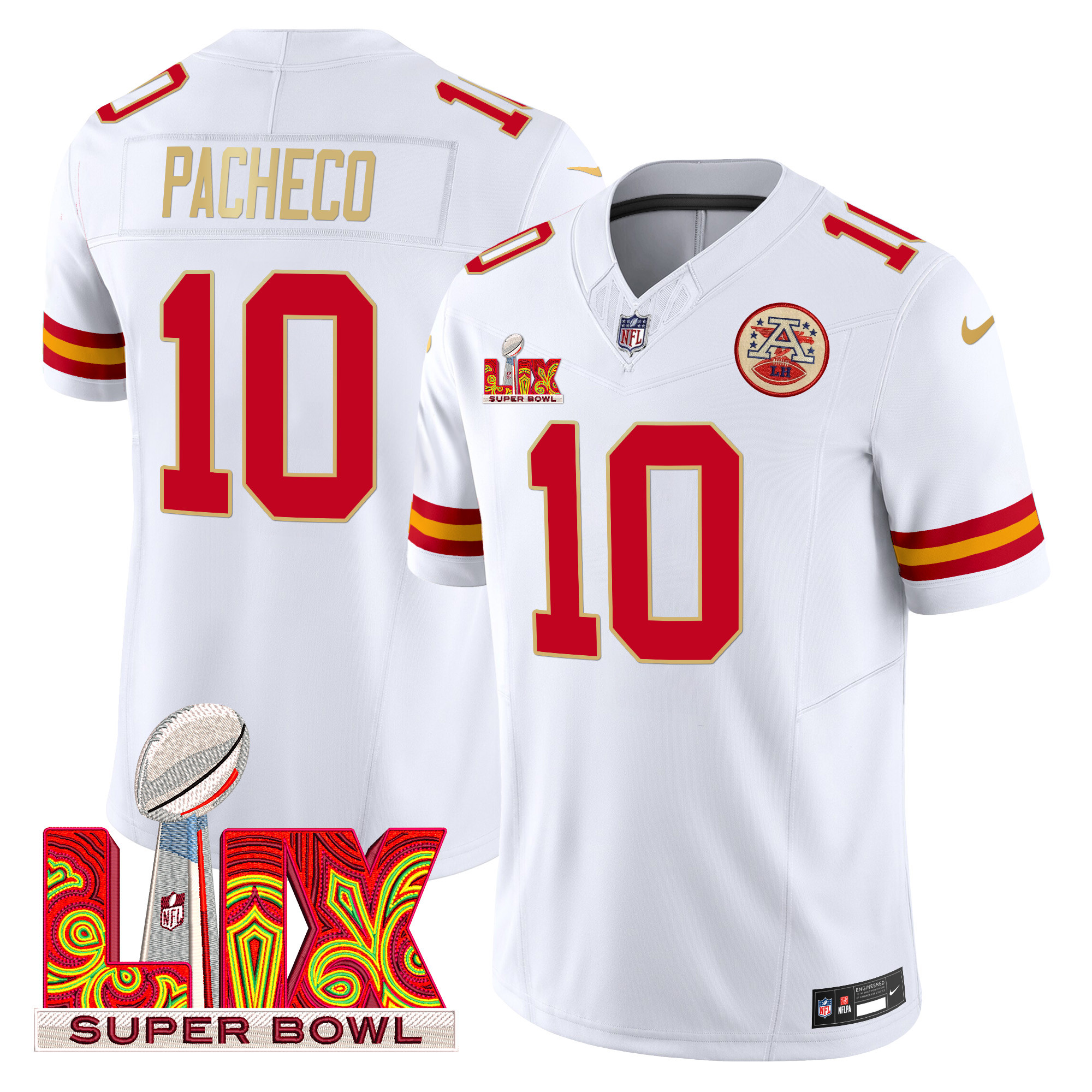 Isiah Pacheco Men's Kansas City Chiefs Super Bowl LIX Patch Gold Trim Vapor Limited White Jersey - All Stitched