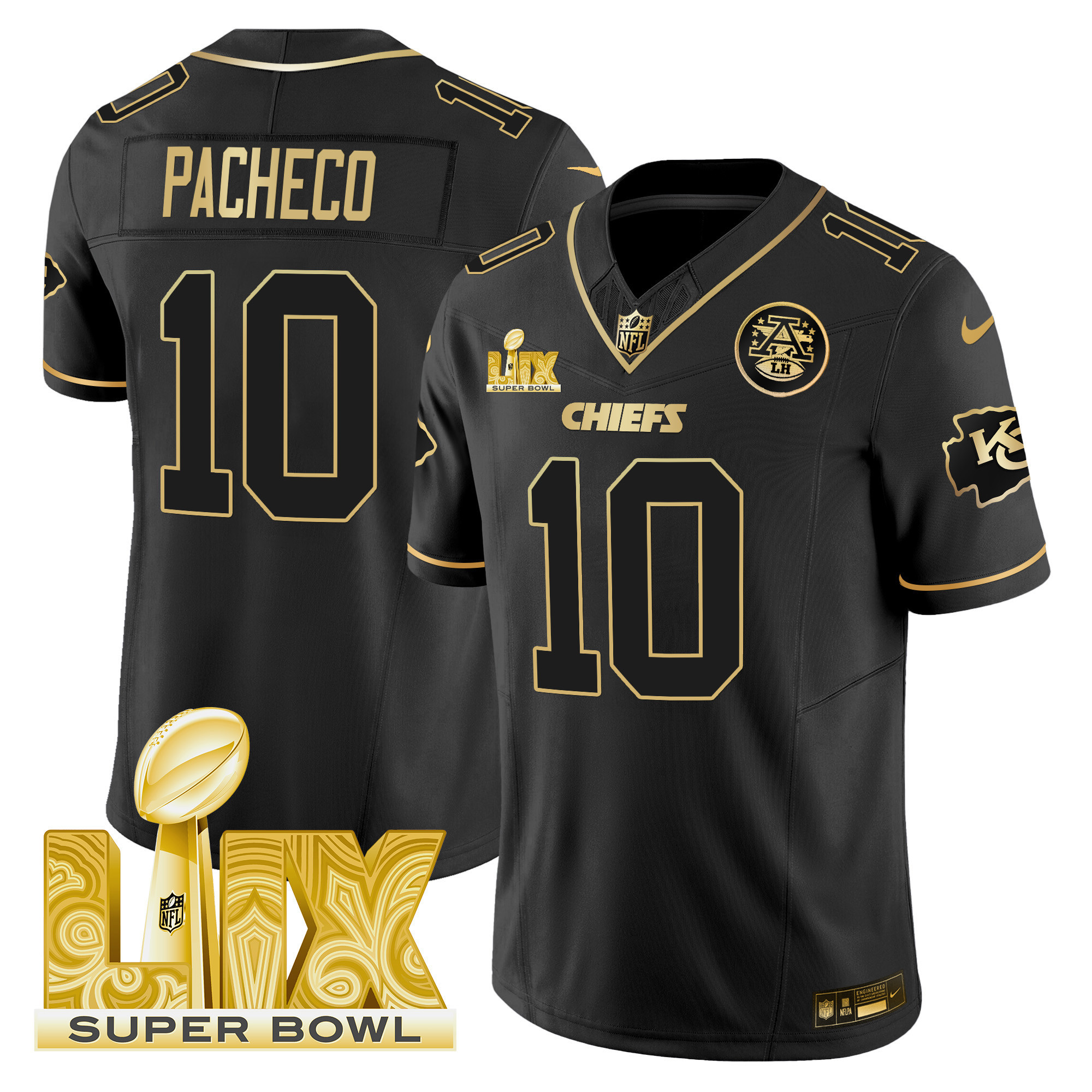 Isiah Pacheco Men's Kansas City Chiefs Super Bowl LIX Patch Gold Vapor Limited Black Gold Jersey - All Stitched