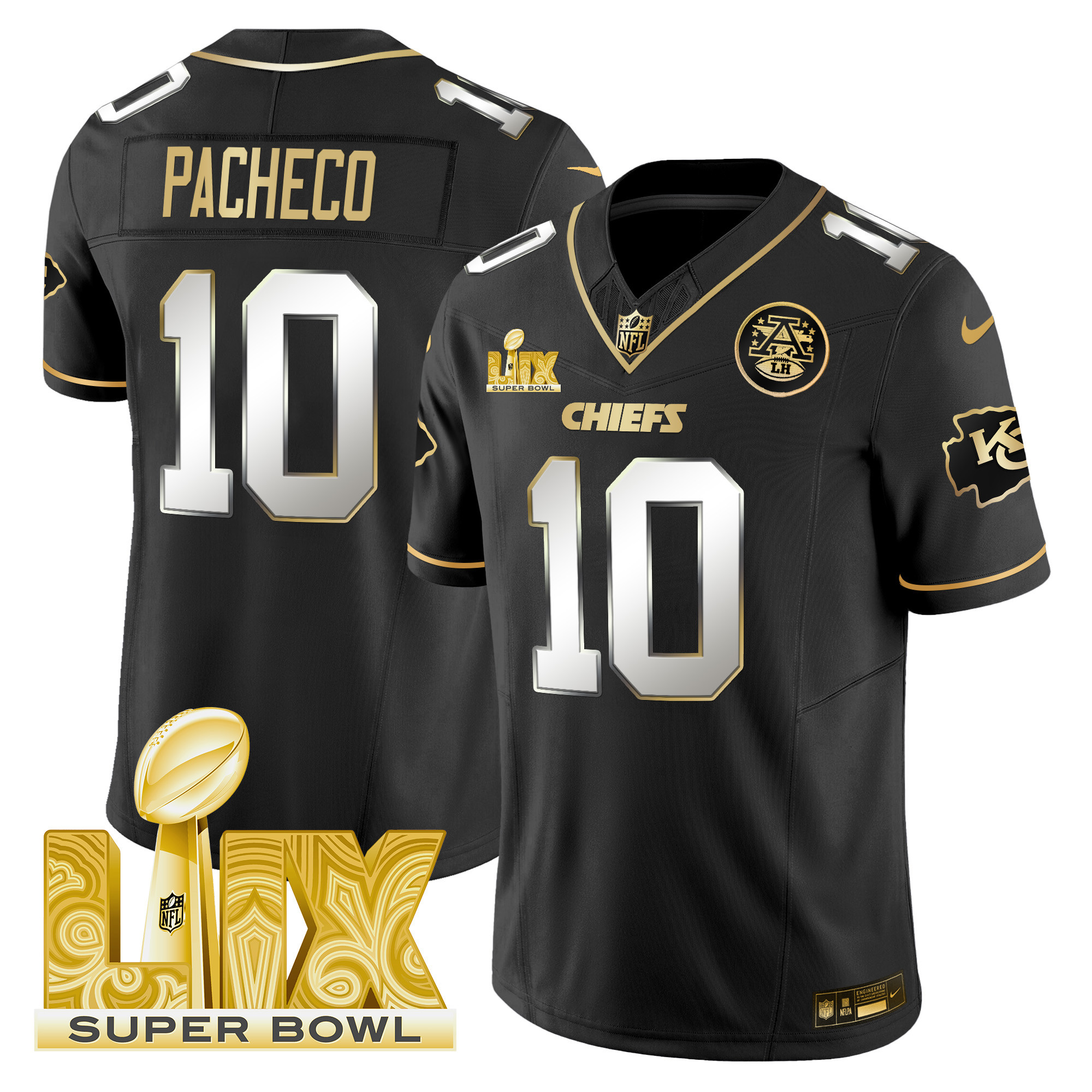 Isiah Pacheco Men's Kansas City Chiefs Super Bowl LIX Patch Gold Vapor Limited Black Limited Jersey - All Stitched