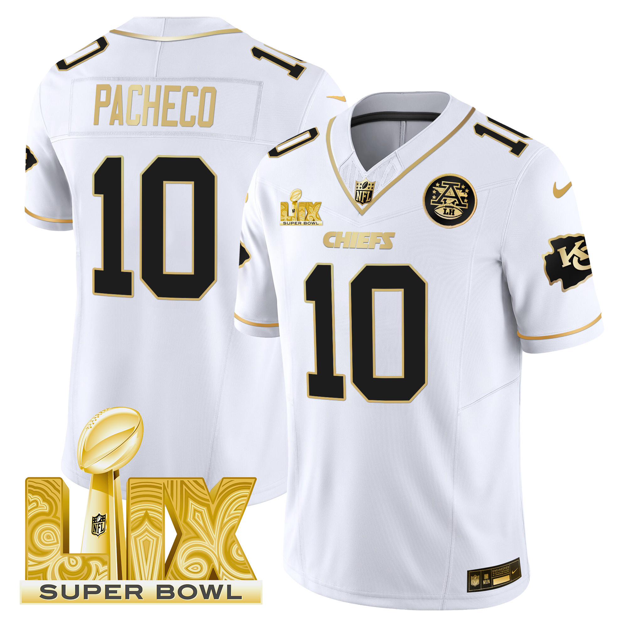 Isiah Pacheco Men's Kansas City Chiefs Super Bowl LIX Patch Gold Vapor Limited White Gold Jersey - All Stitched