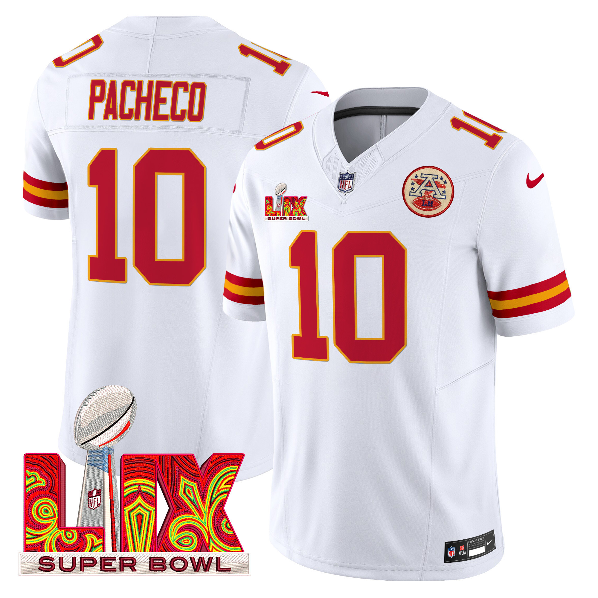 Isiah Pacheco Men's Kansas City Chiefs Super Bowl LIX Patch Vapor Limited White Jersey - All Stitched