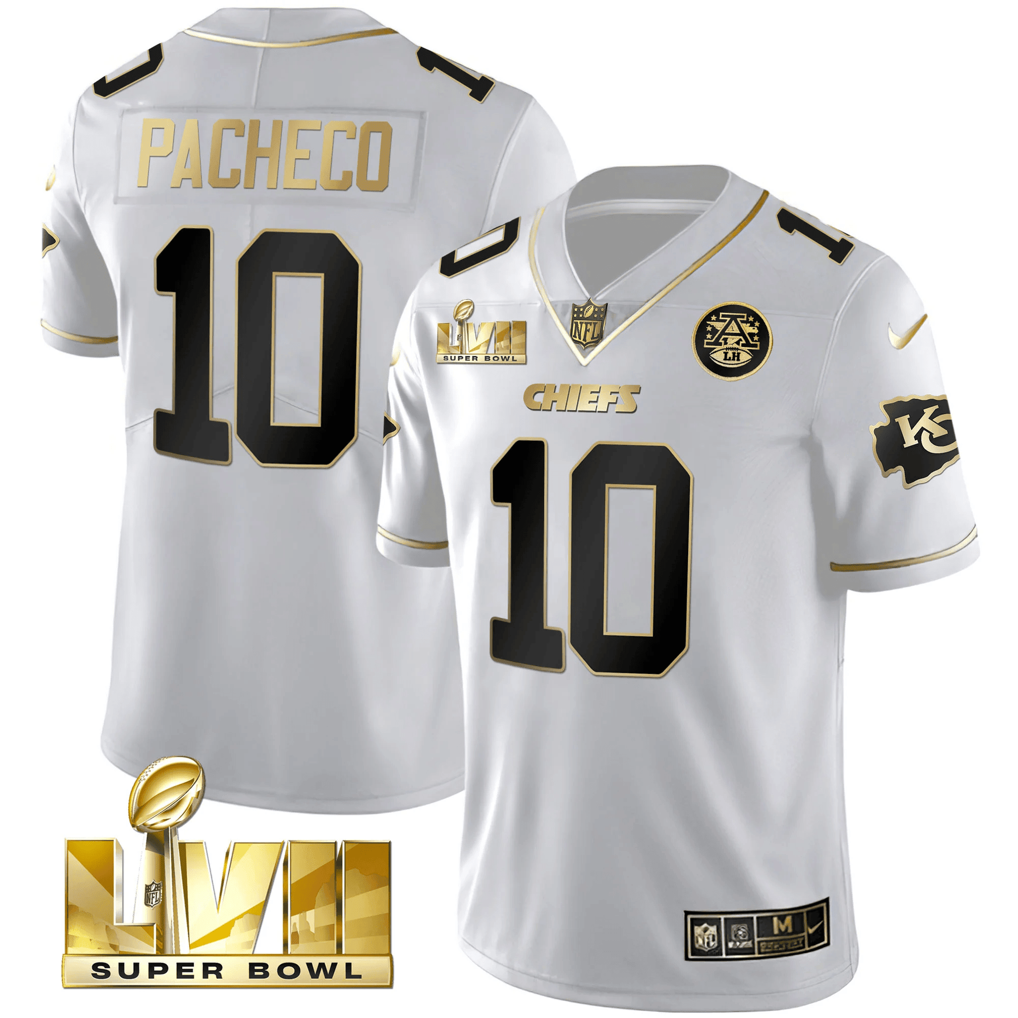 Isiah Pacheco Men's Kansas City Chiefs Super Bowl LVII Gold Trim Vapor V2 White Gold Jersey - All Stitched