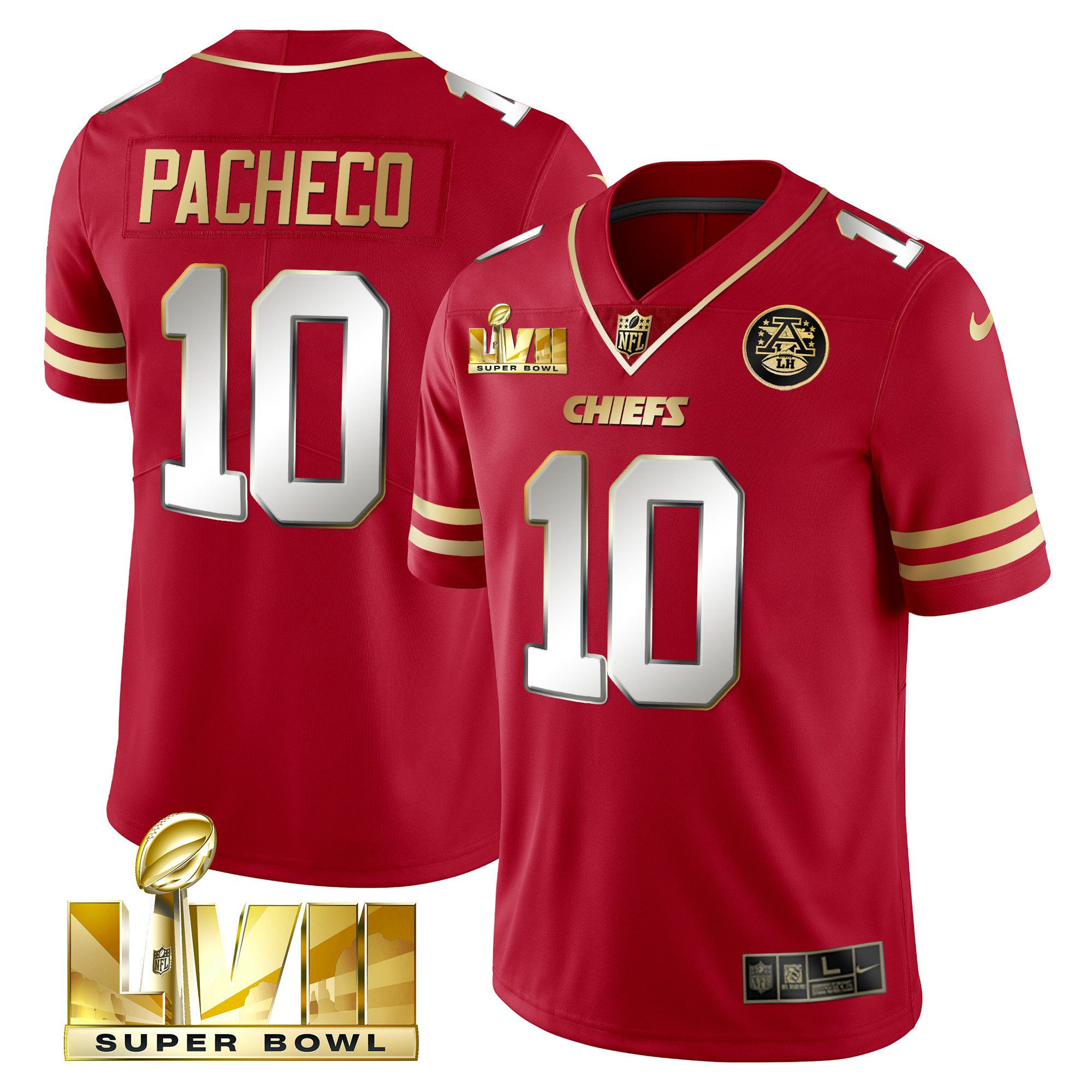 Isiah Pacheco Men's Kansas City Chiefs Super Bowl LVII Gold Vapor Limited Black Red Jersey - All Stitched