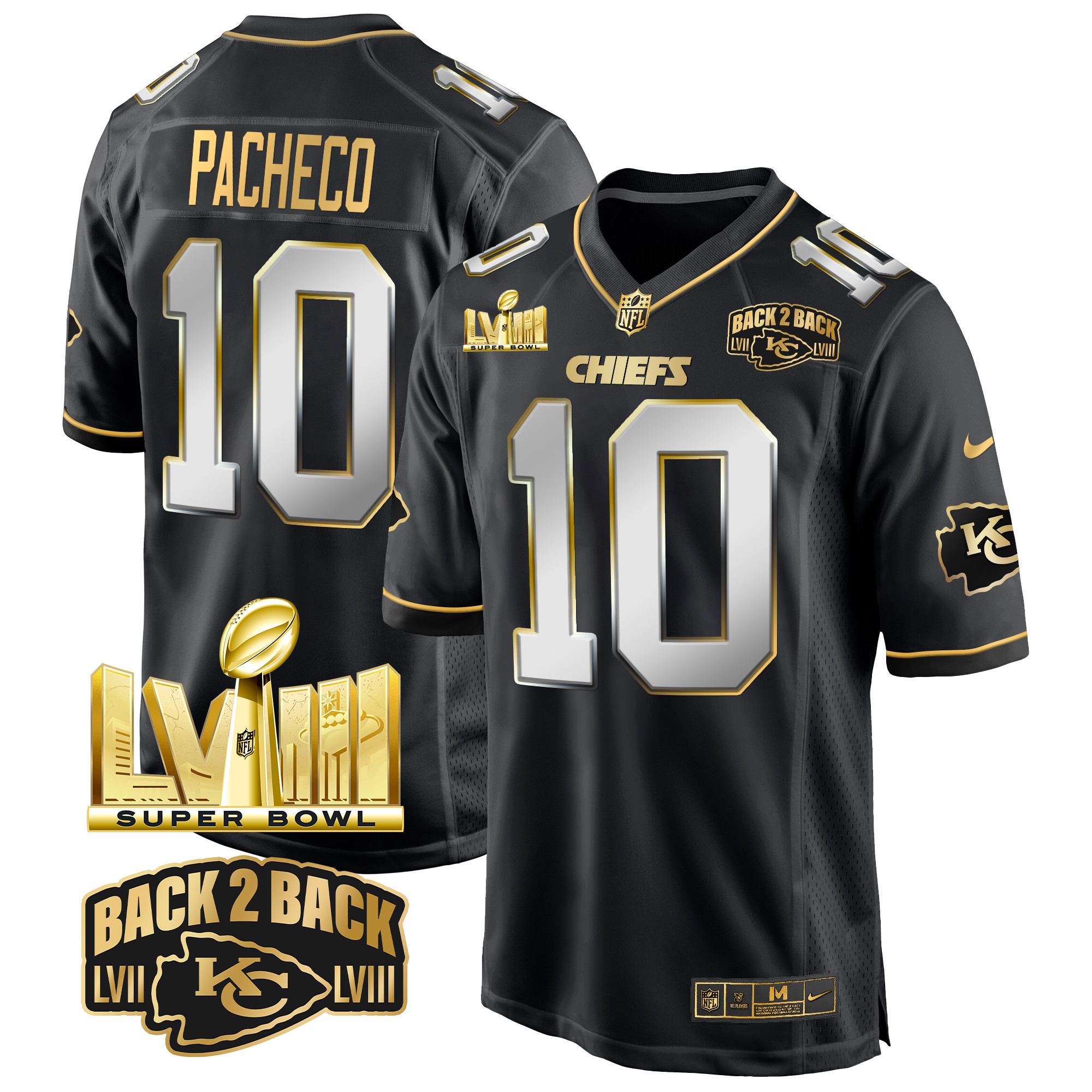 Isiah Pacheco Men's Kansas City Chiefs Super Bowl LVIII & Back 2 Back Gold Game Black Limited Jersey - All Stitched