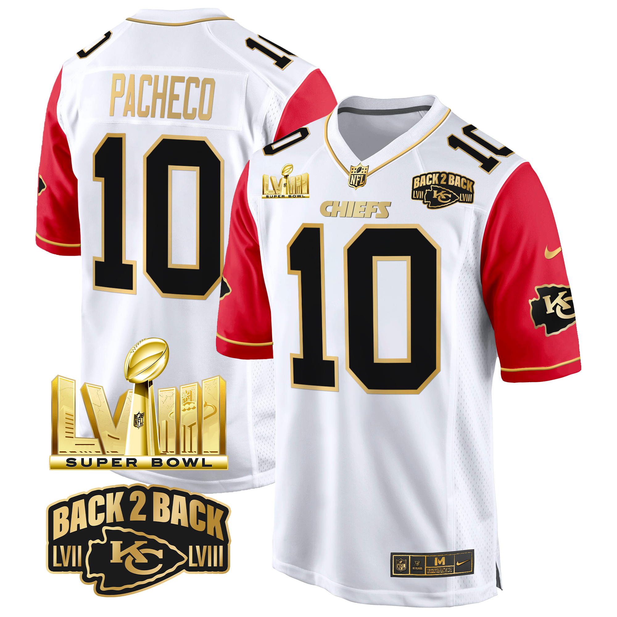 Isiah Pacheco Men's Kansas City Chiefs Super Bowl LVIII & Back 2 Back Gold Game Color Sleeves Jersey - All Stitched