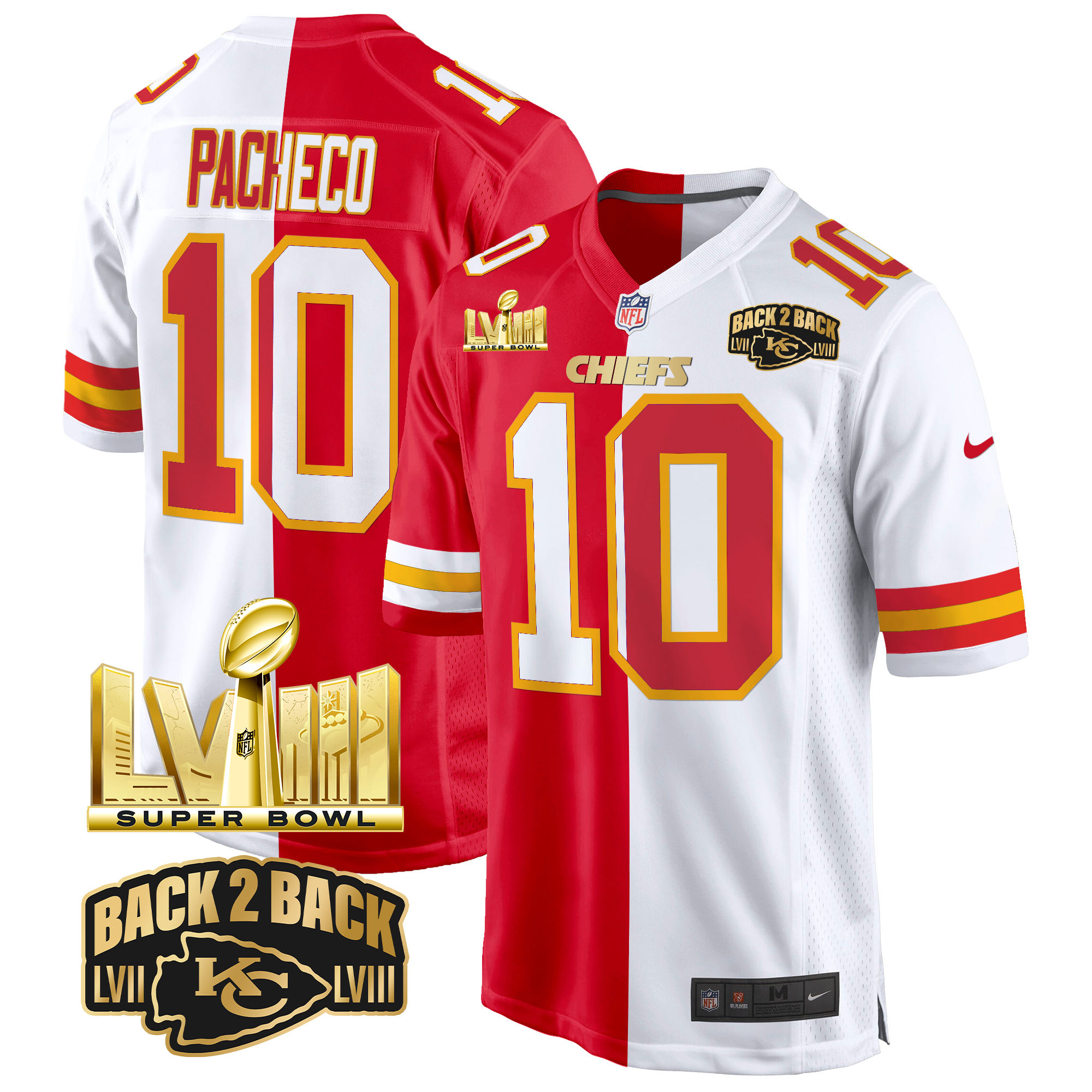 Isiah Pacheco Men's Kansas City Chiefs Super Bowl LVIII & Back 2 Back Gold Game Split Jersey - All Stitched