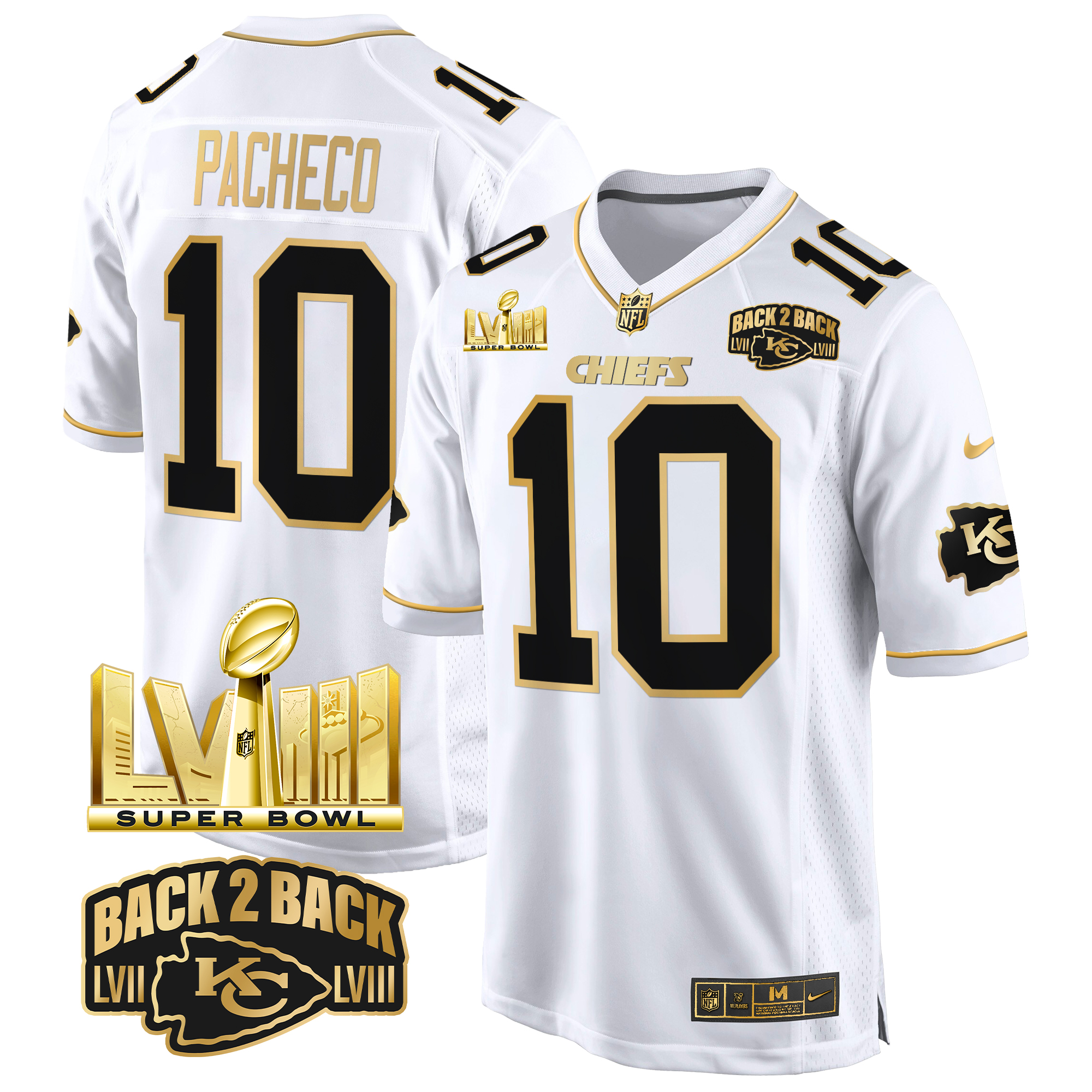 Isiah Pacheco Men's Kansas City Chiefs Super Bowl LVIII & Back 2 Back Gold Game White Gold Jersey - All Stitched