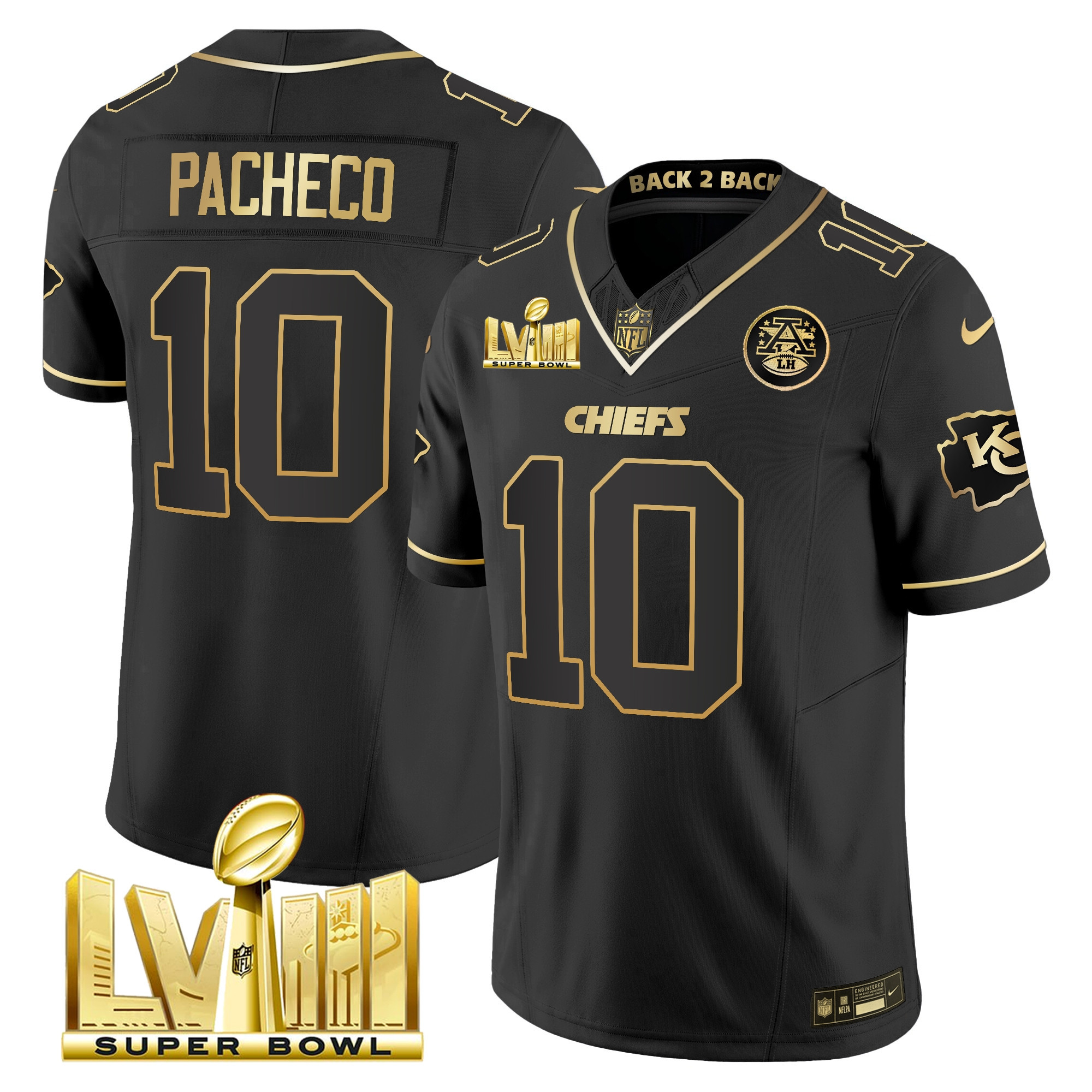 Isiah Pacheco Men's Kansas City Chiefs Super Bowl LVIII & Back 2 Back Gold Patch Vapor Black Gold Jersey - All Stitched