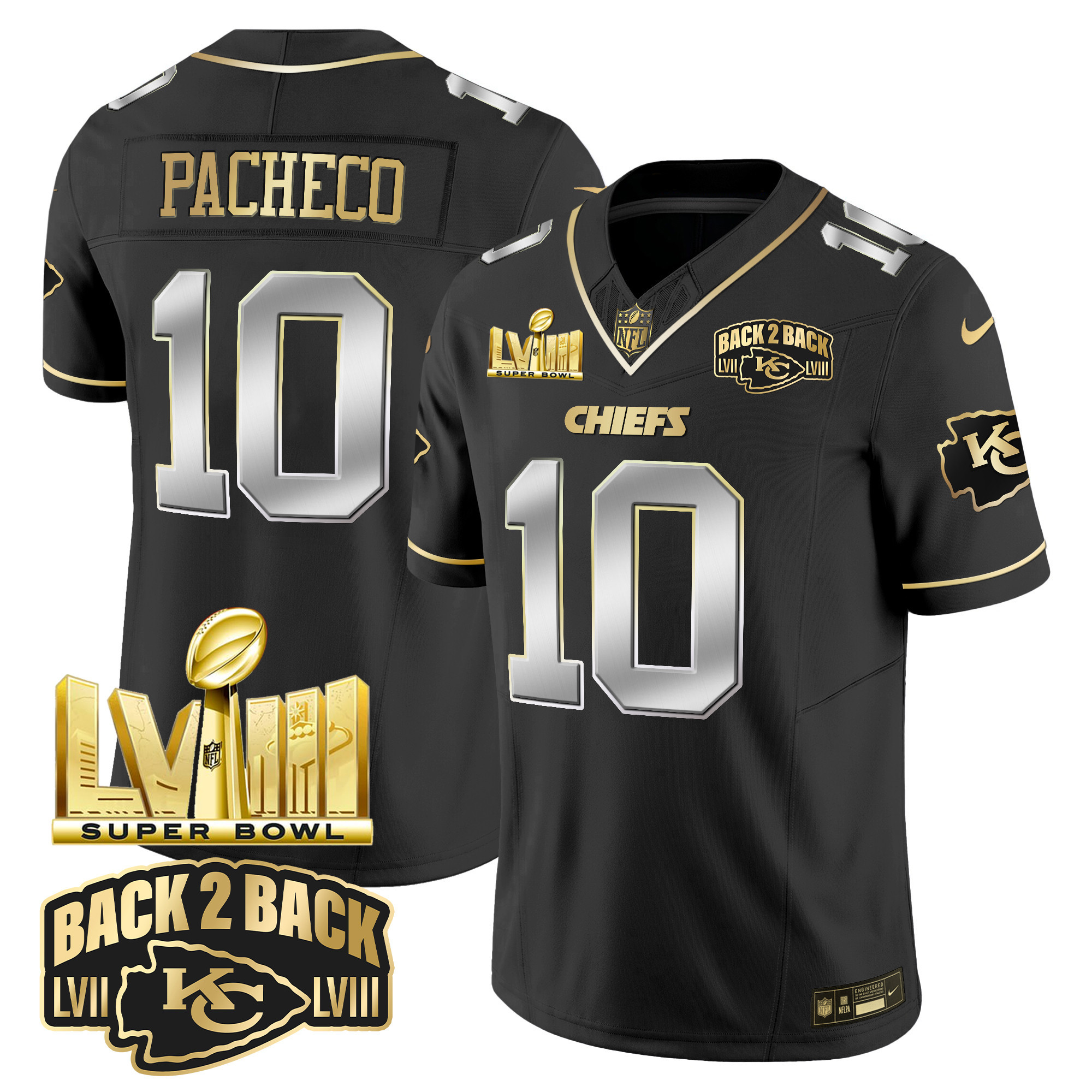 Isiah Pacheco Men's Kansas City Chiefs Super Bowl LVIII & Back 2 Back Gold Patch Vapor Black Limited Jersey - All Stitched