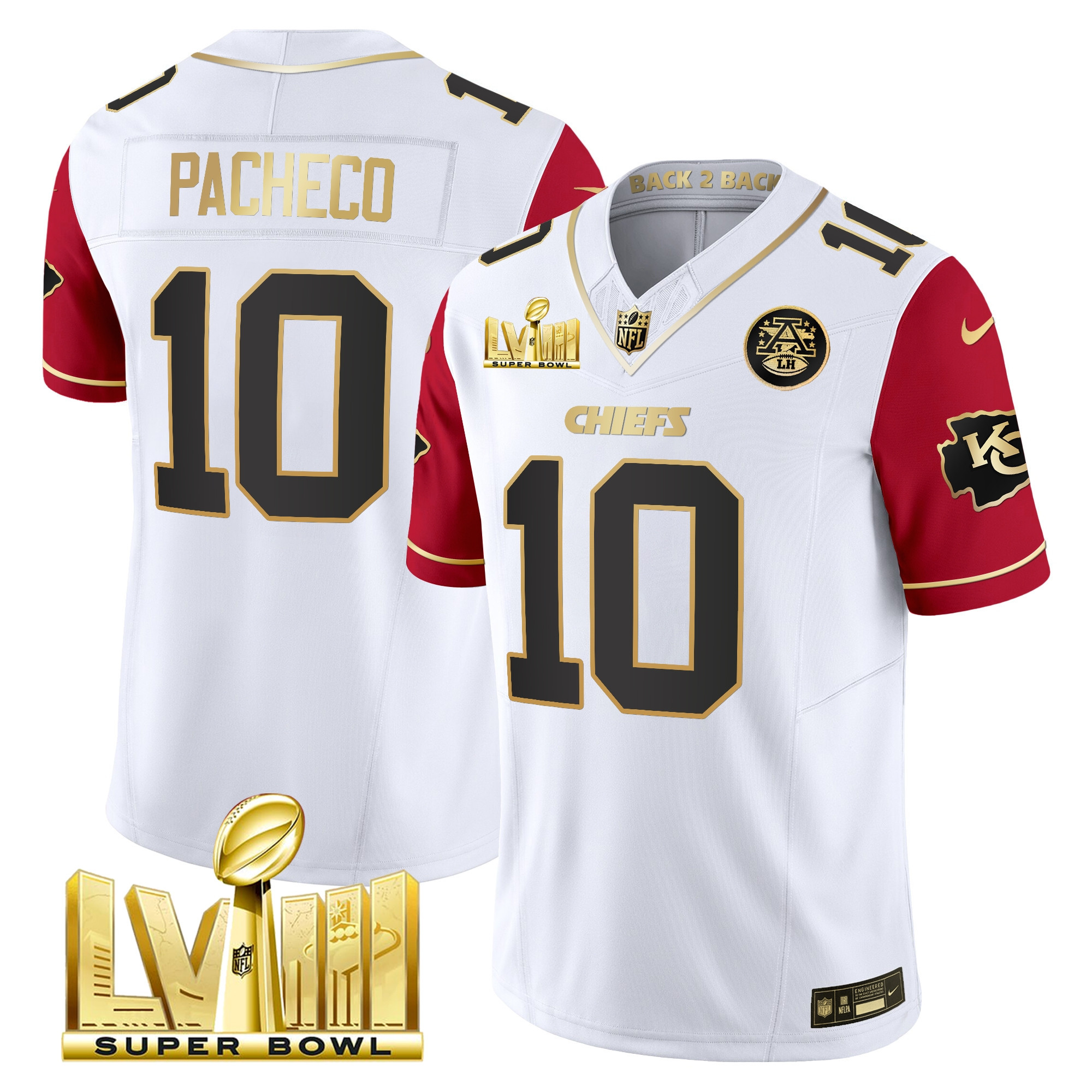 Isiah Pacheco Men's Kansas City Chiefs Super Bowl LVIII & Back 2 Back Gold Patch Vapor Color Sleeves Jersey - All Stitched