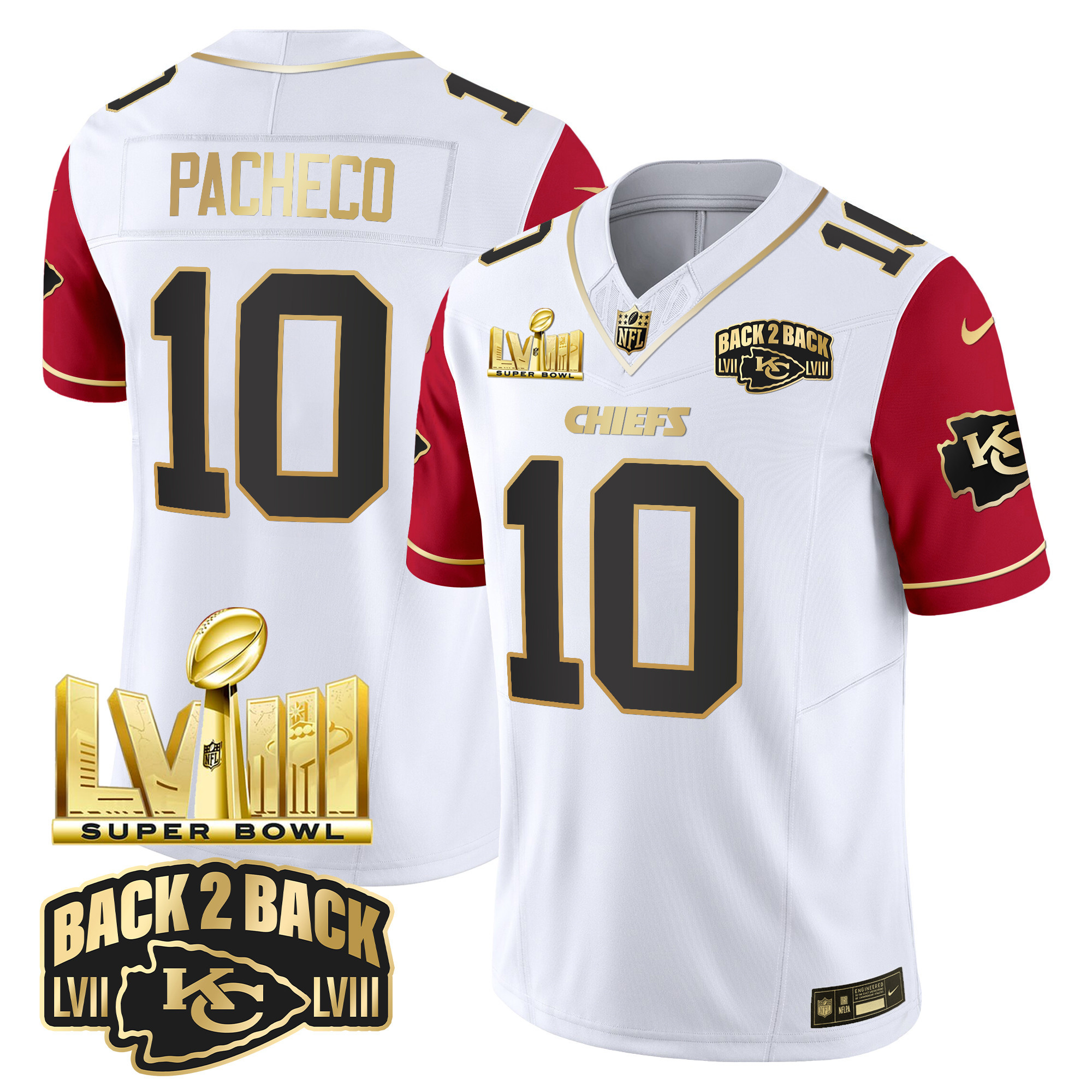 Isiah Pacheco Men's Kansas City Chiefs Super Bowl LVIII & Back 2 Back Gold Patch Vapor Color Sleeves Jersey - All Stitched