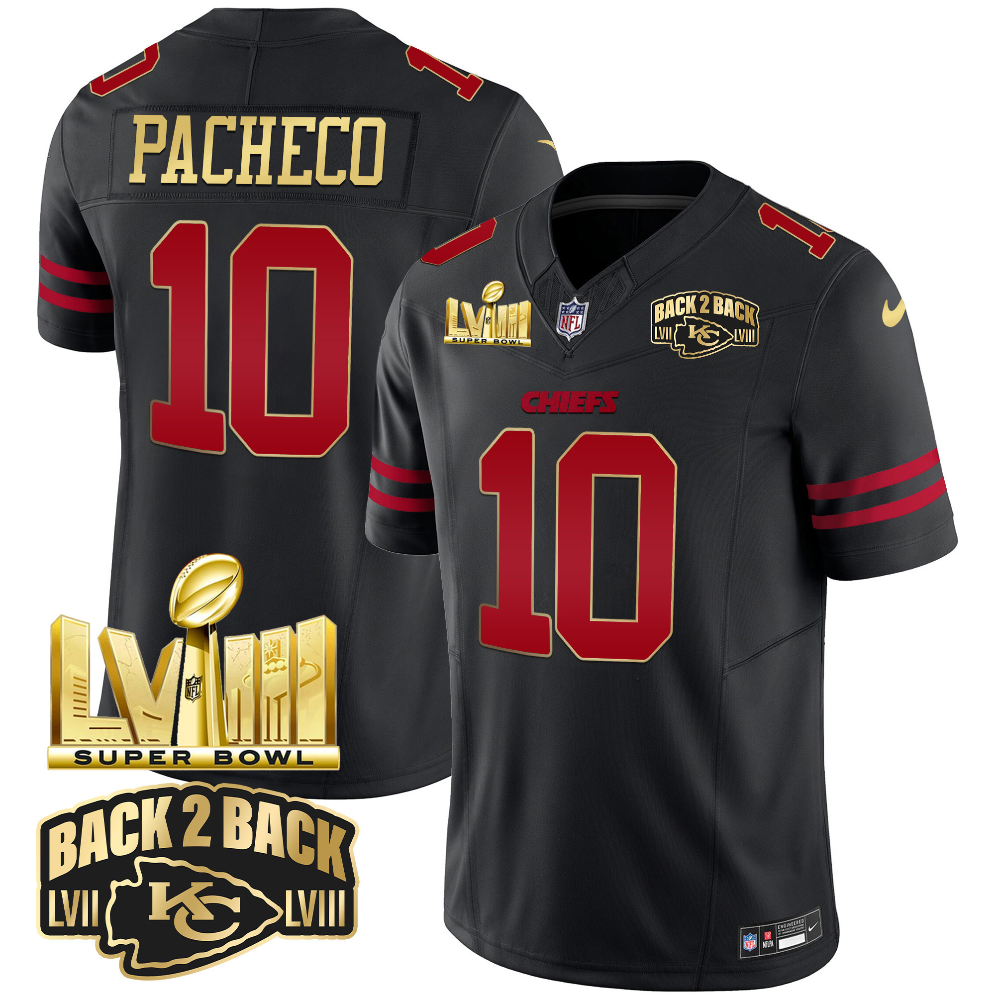 Isiah Pacheco Men's Kansas City Chiefs Super Bowl LVIII & Back 2 Back Gold Patch Vapor Gold Trim Jersey - All Stitched