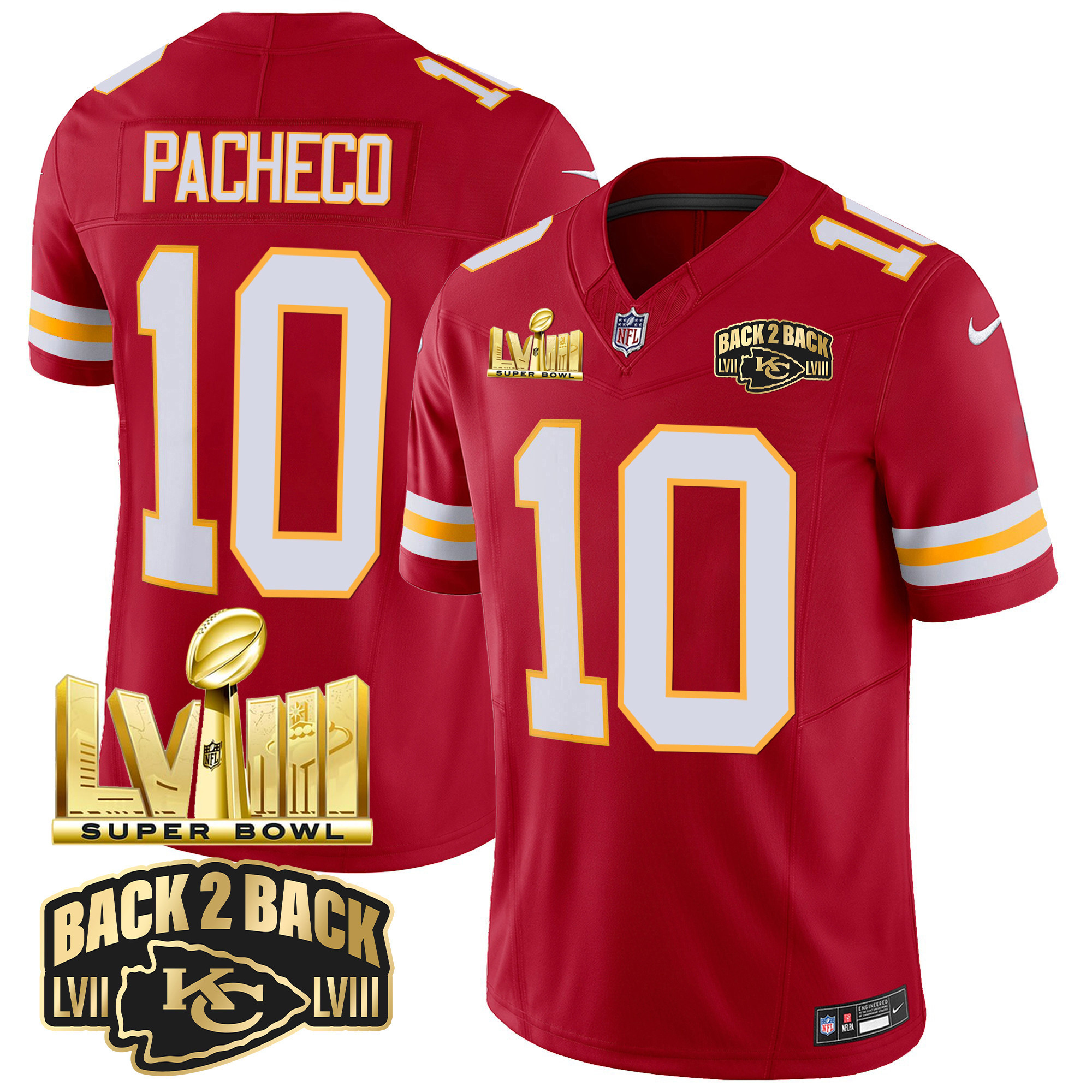 Isiah Pacheco Men's Kansas City Chiefs Super Bowl LVIII & Back 2 Back Gold Patch Vapor Red Jersey - All Stitched