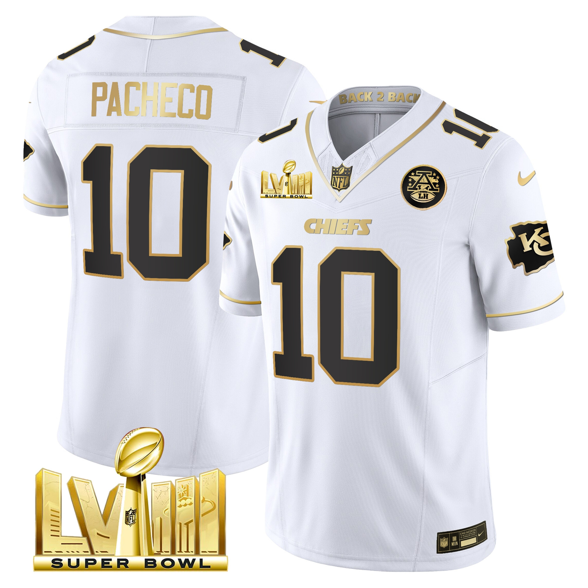 Isiah Pacheco Men's Kansas City Chiefs Super Bowl LVIII & Back 2 Back Gold Patch Vapor White Gold Jersey - All Stitched