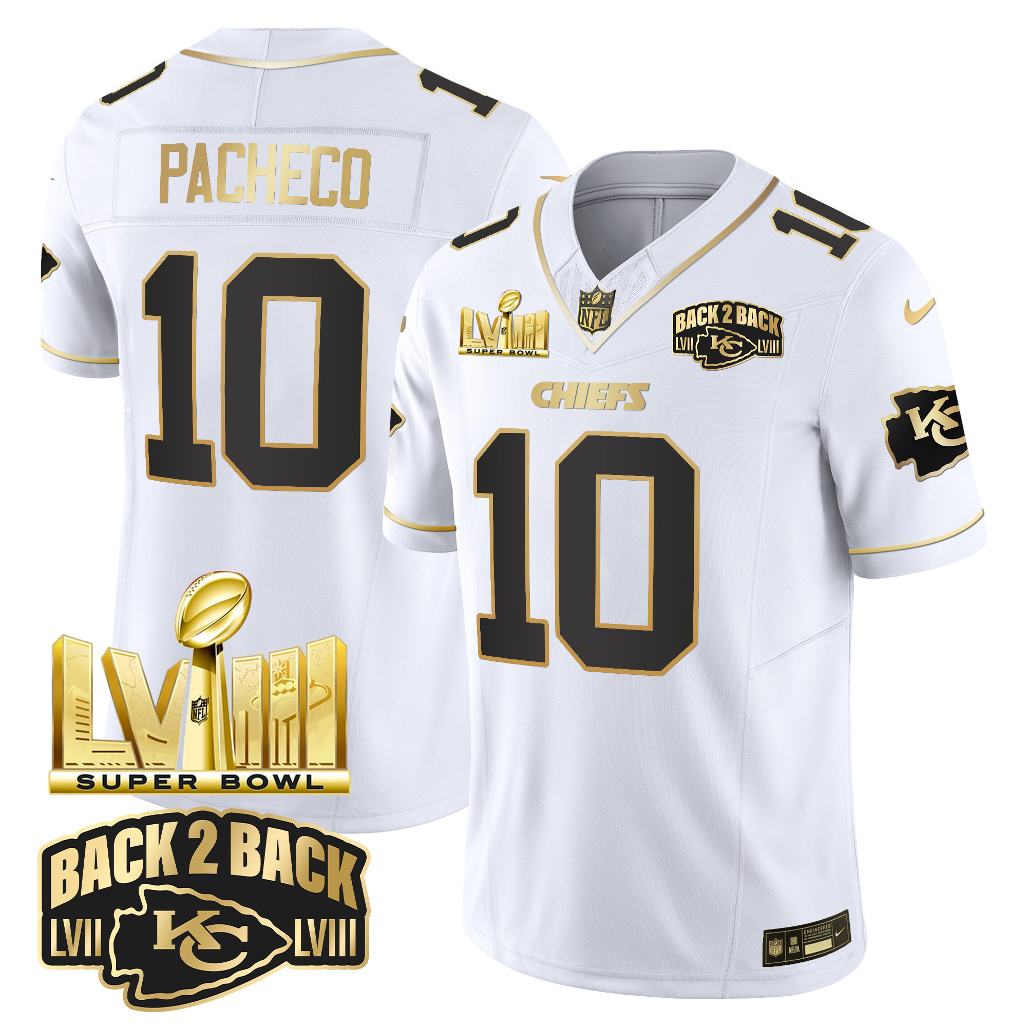 Isiah Pacheco Men's Kansas City Chiefs Super Bowl LVIII & Back 2 Back Gold Patch Vapor White Gold Jersey - All Stitched