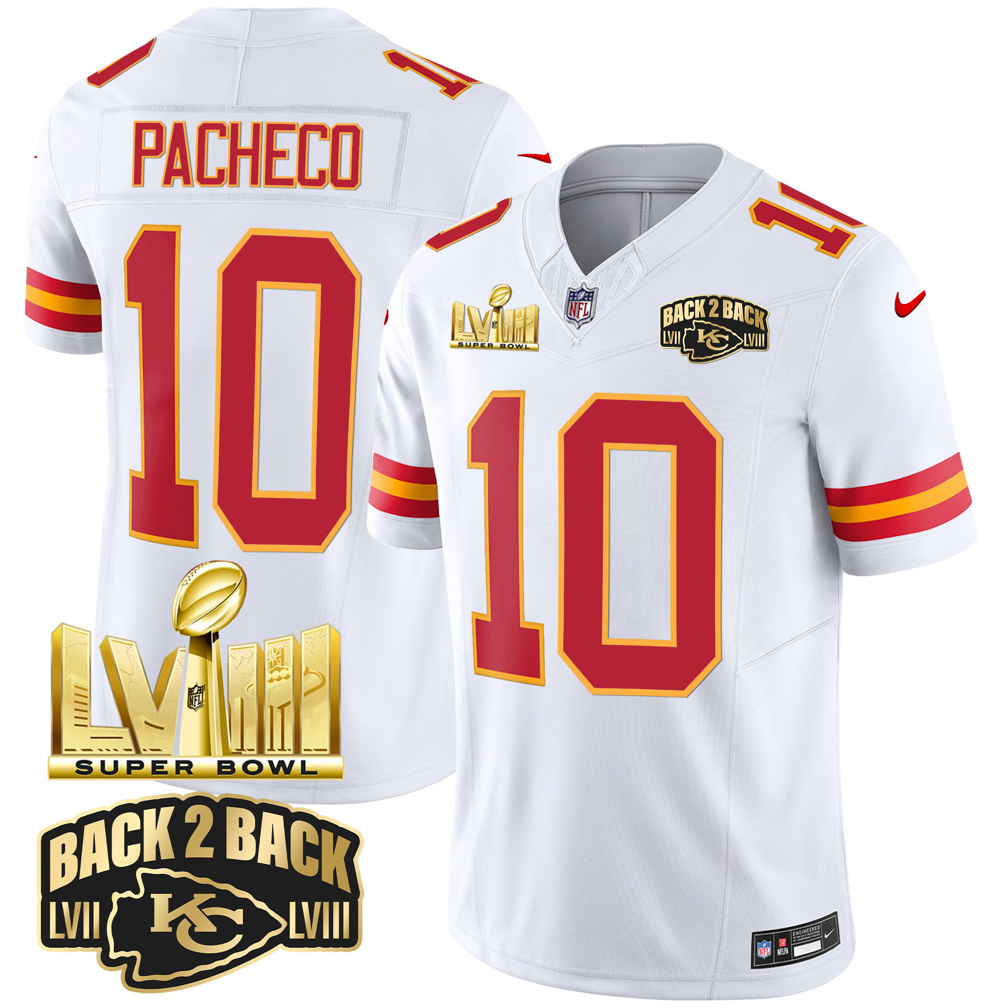 Isiah Pacheco Men's Kansas City Chiefs Super Bowl LVIII & Back 2 Back Gold Patch Vapor White Jersey - All Stitched