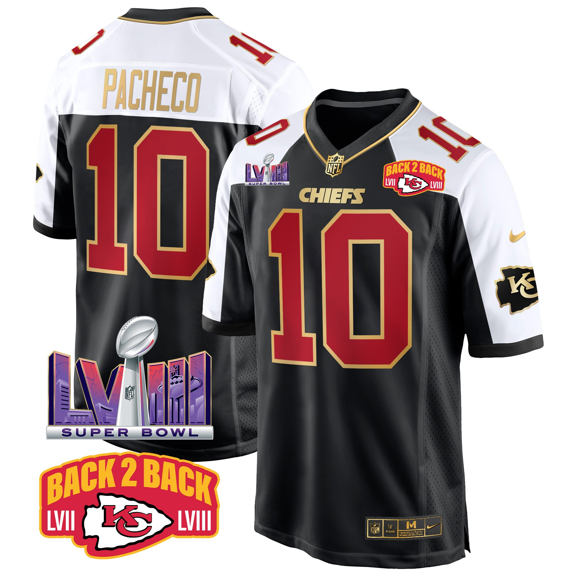 Isiah Pacheco Men's Kansas City Chiefs Super Bowl LVIII & Back 2 Back Patch Game Black Alternate Jersey - All Stitched